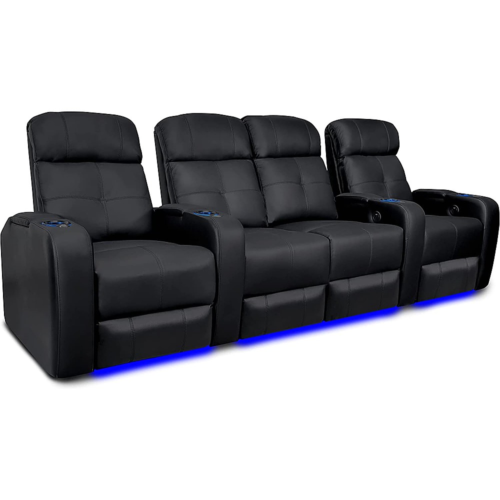 Angle View: Valencia Theater Seating - Valencia Verona Row of 4 Loveseat Center Top Grain Genuine Leather 9000 LED Cup Holders Home Theater Seating - Black