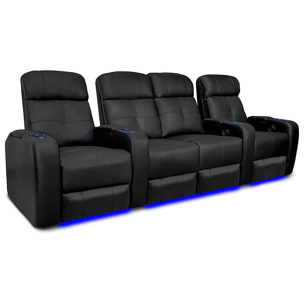 Angle View: Valencia Theater Seating - Valencia Verona Power Headrest Row of 4 Loveseat Center Top Grain Genuine Leather 9000 Home Theater Seating - Black