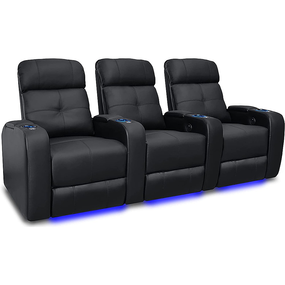 Angle View: Valencia Theater Seating - Valencia Verona Row of 3 Top Grain Genuine Leather 9000 LED Cup Holders Home Theater Seating - Black
