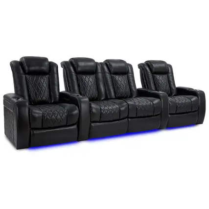 Angle. Valencia Theater Seating - Valencia Tuscany XL Row of 4 Loveseat Center premium top grain Nappa leather 11000 Home Theater Seating - Midnight Black.