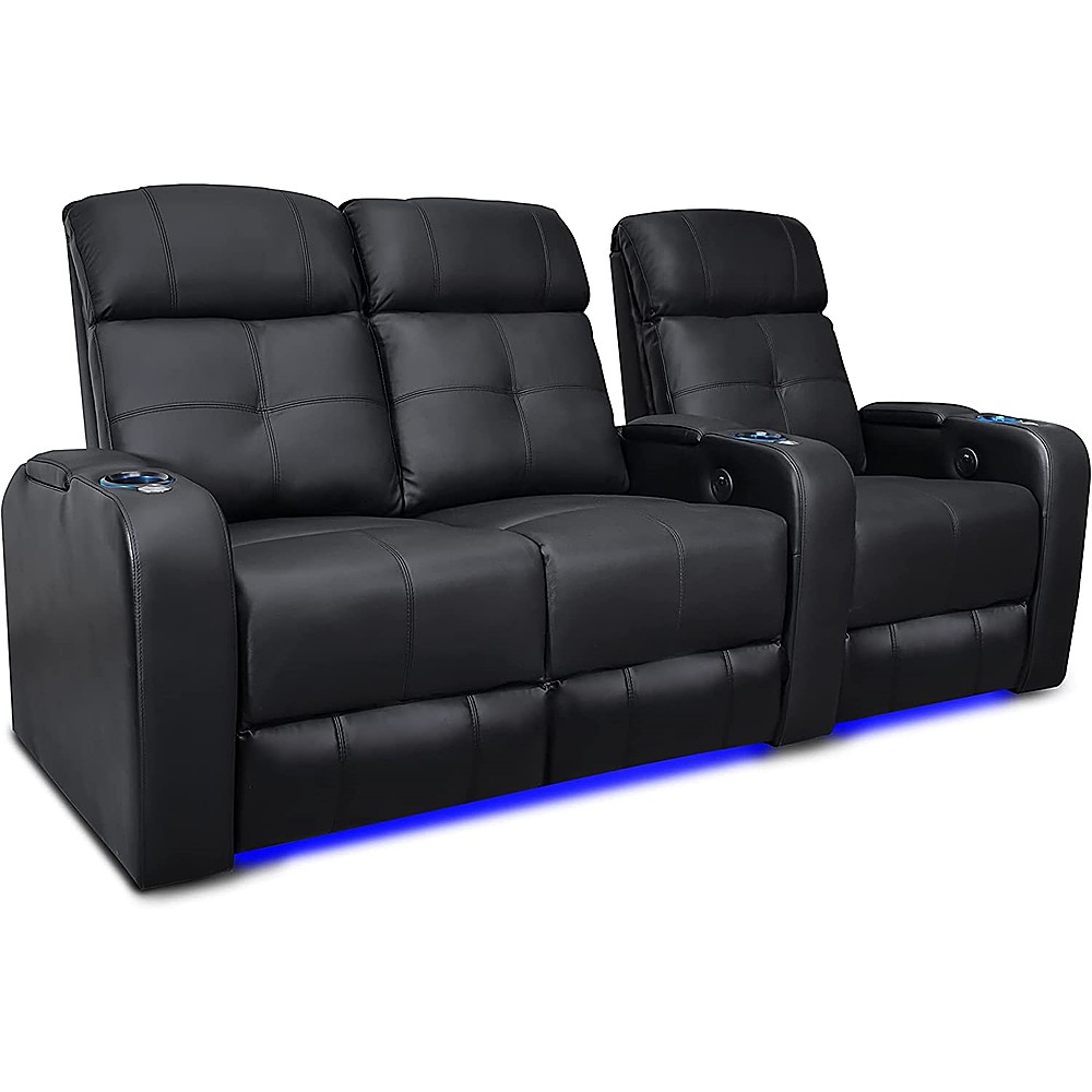 Angle View: Valencia Theater Seating - Valencia Verona Home Theater Seating | Top Grain Genuine Leather 9000, LED Cup Holders (Row of 3 Loveseats Left) - Black
