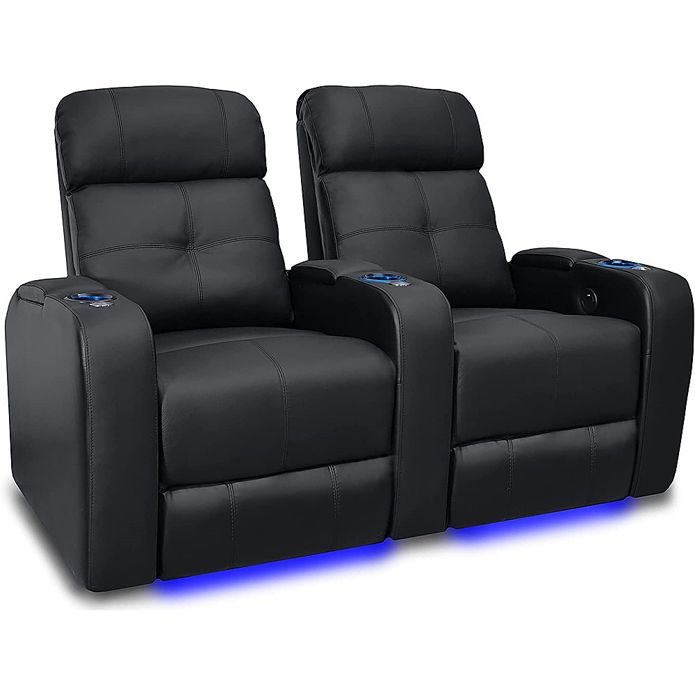 Angle View: Valencia Theater Seating - Valencia Verona Row of 2 Top Grain Genuine Leather 9000 LED Cup Holders Home Theater Seating - Black