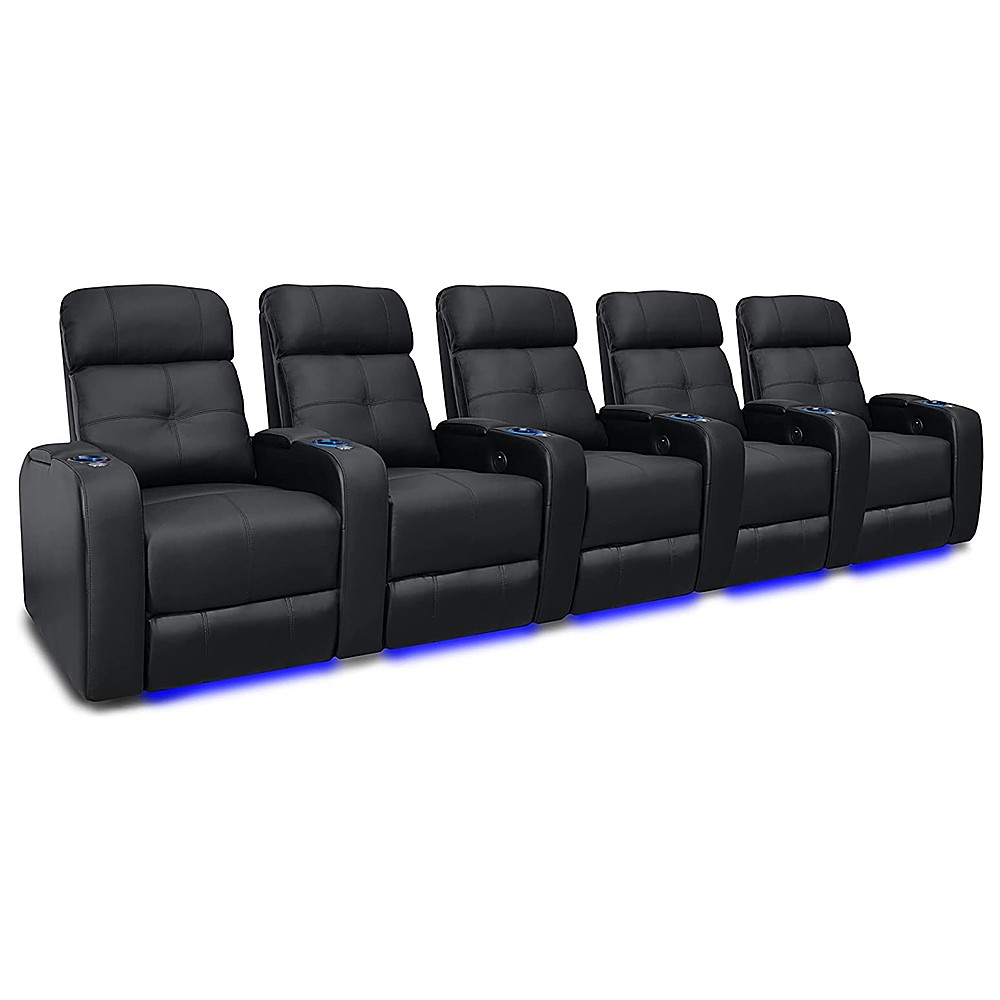 Angle View: Valencia Theater Seating - Valencia Verona Power Headrest Row of 5 Top Grain Genuine Leather 9000 Home Theater Seating - Black