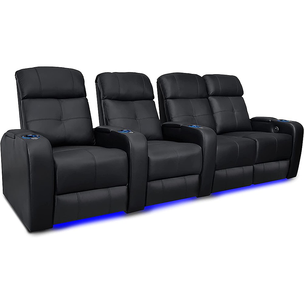 Angle View: Valencia Theater Seating - Valencia Verona Row of 4 Loveseat Right Top Grain Genuine Leather 9000 LED Cup Holders Home Theater Seating - Black