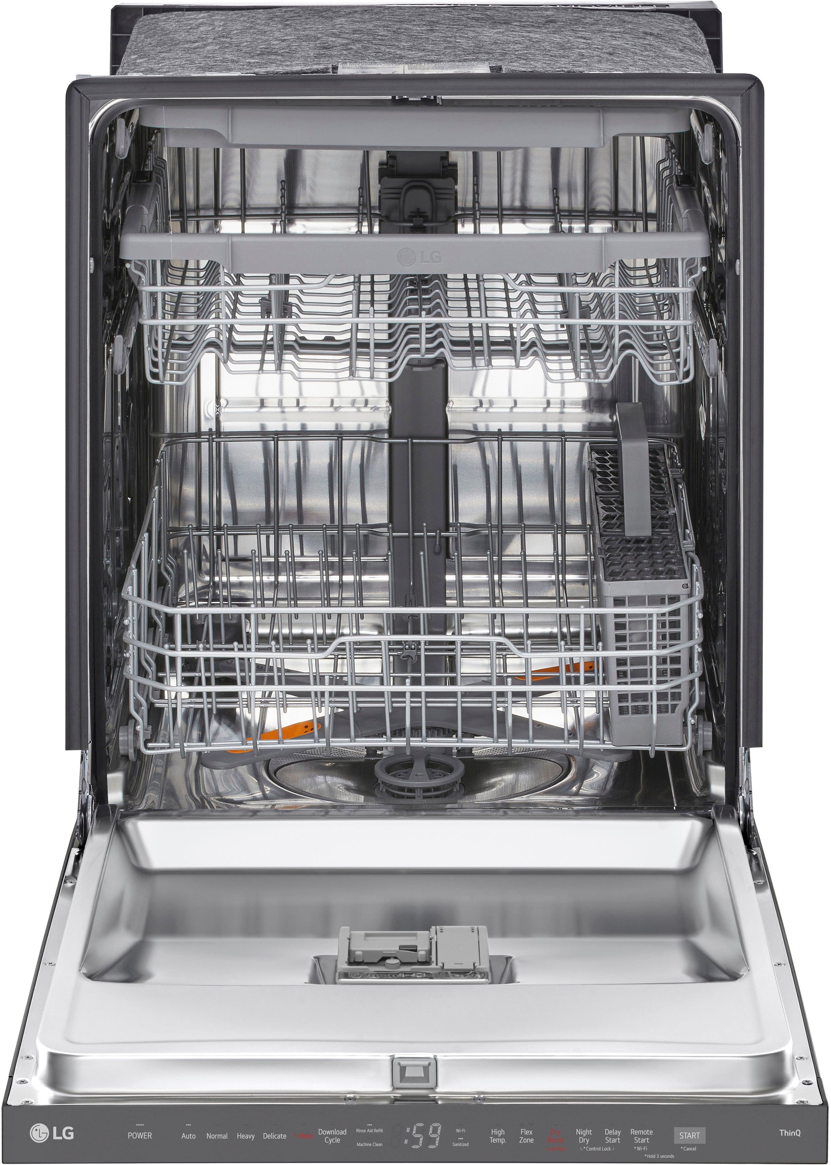 The image features a dishwasher with an open door, revealing a silver interior. The dishwasher is made by LG, and it has a stainless steel finish. The door is open, showing the interior of the dishwasher, which includes a silver rack and a silver basket.