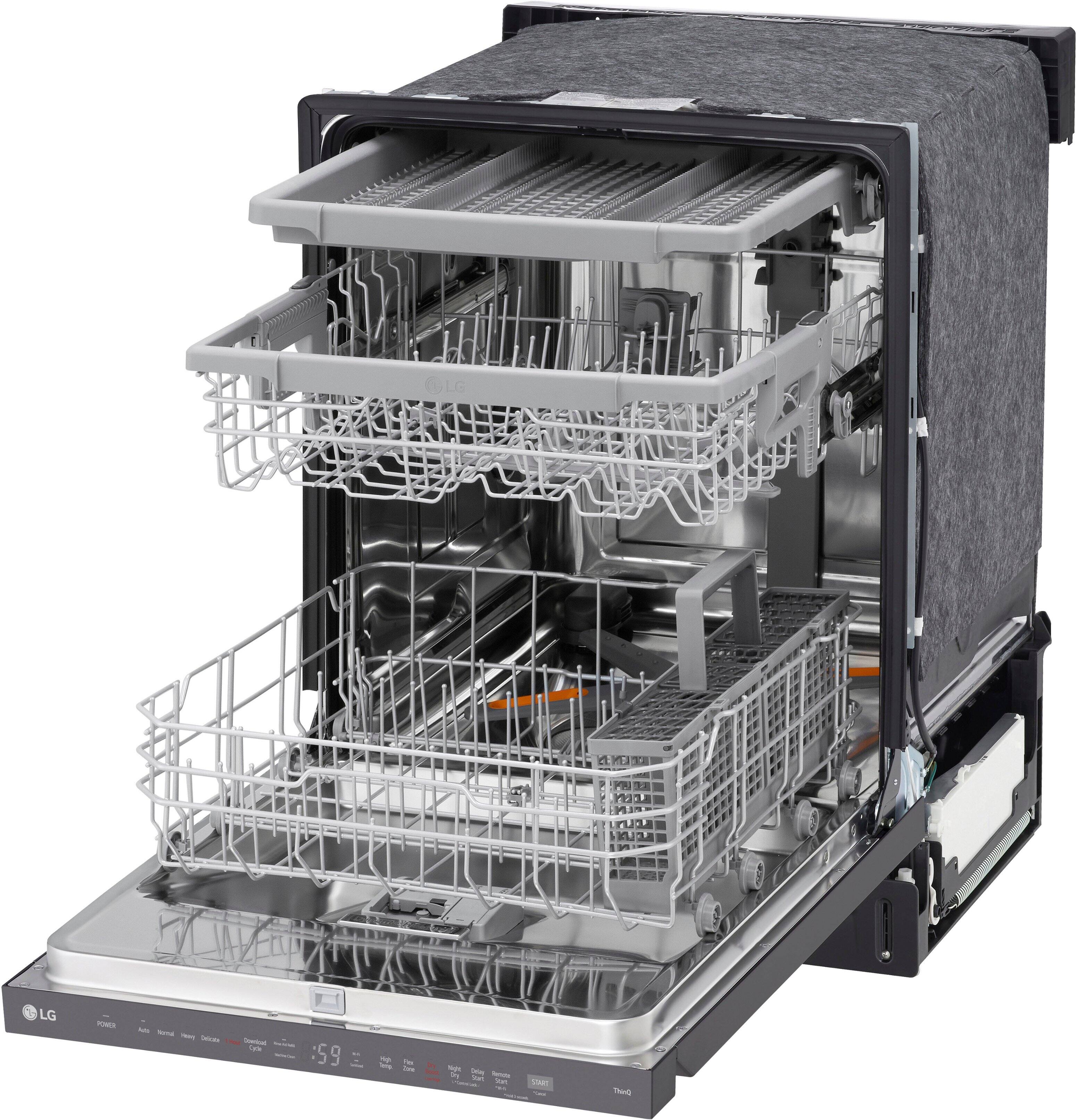 The image features a large, silver dishwasher with a clear glass front door. The dishwasher is open, revealing its interior, which includes a silver rack with dishes on it. The dishwasher is designed to hold multiple dishes, making it a convenient and efficient appliance for cleaning up after meals.