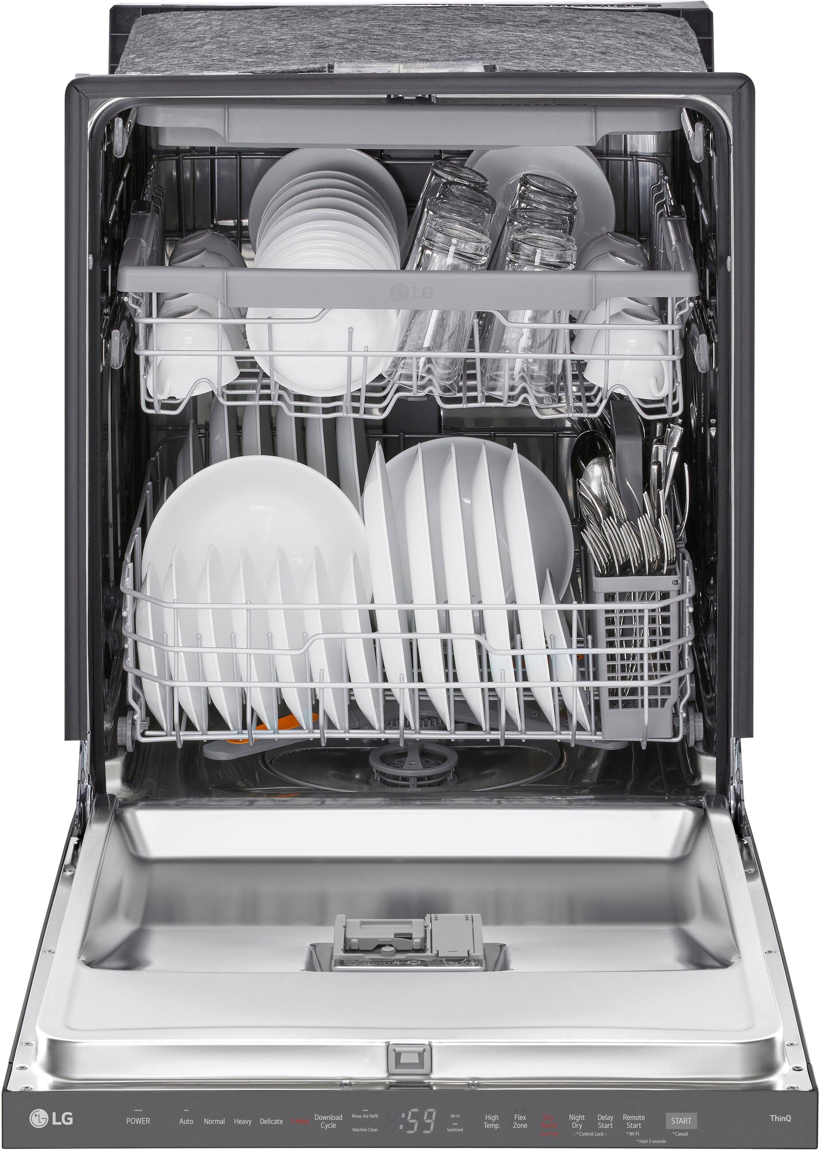 The image features a dishwasher with its door open, revealing a silver interior and a rack full of white dishes. There are multiple cups, bowls, and spoons arranged neatly in the dishwasher. The dishwasher is manufactured by LG, as indicated by the brand name on the door.