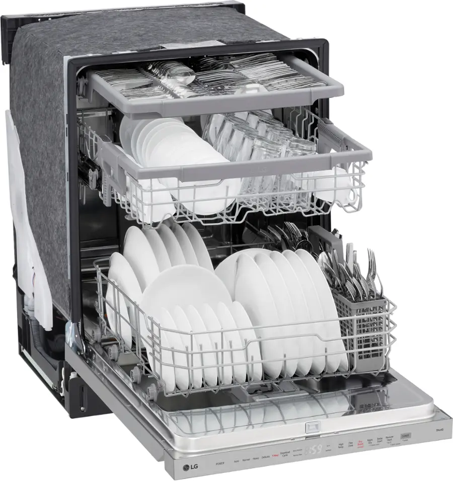 The image shows a dishwasher with its door open, revealing a silver rack filled with white plates and silverware. The dishwasher is designed to hold and clean multiple plates and utensils at once, making it a convenient and efficient appliance for maintaining cleanliness in the kitchen.