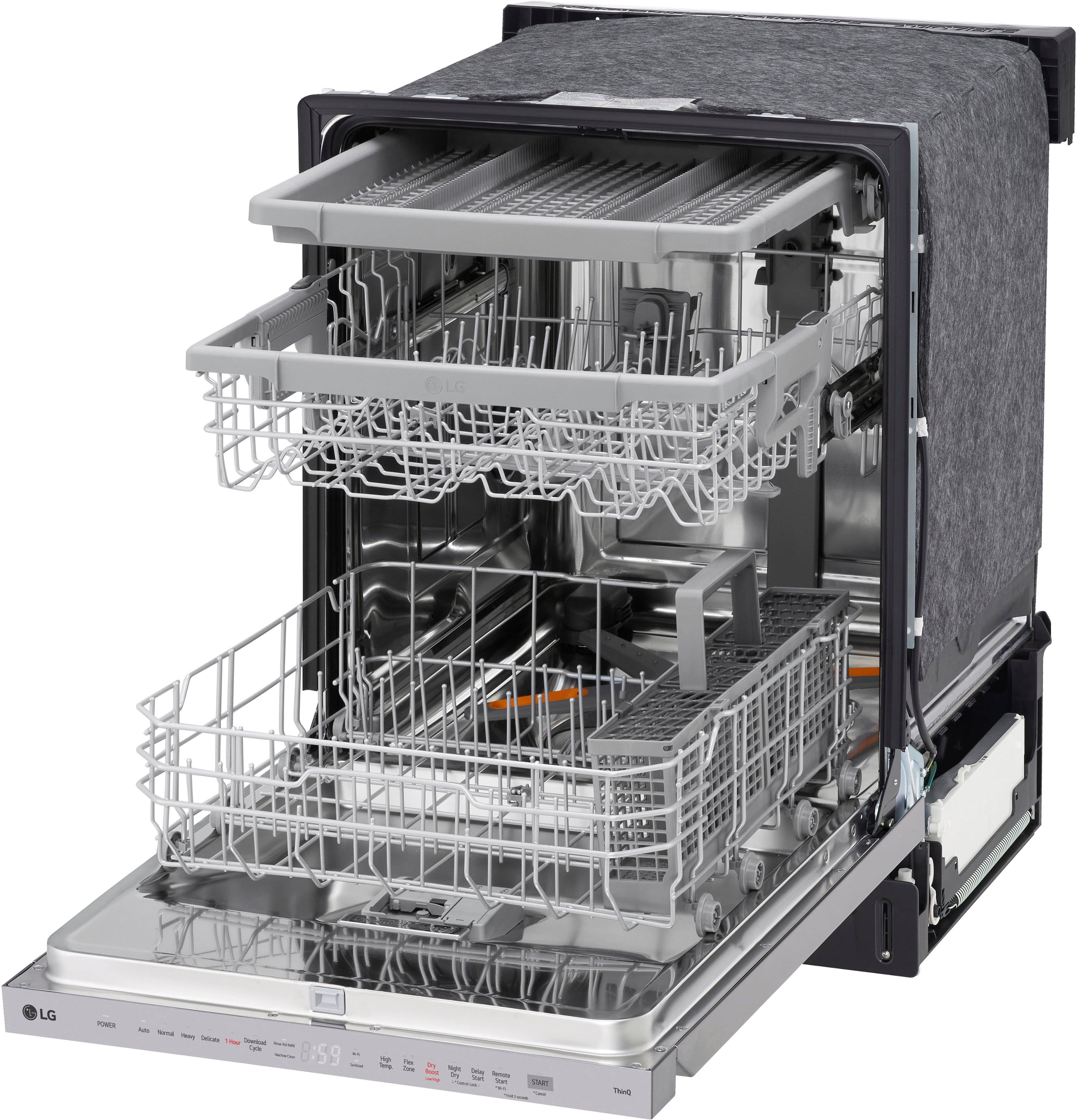 The image features a large LG dishwasher with a stainless steel door and a clear glass window. The dishwasher is open, revealing its interior, which includes a silver rack with dishes inside. The dishwasher is designed to hold multiple dishes, making it a practical and efficient appliance for cleaning up after meals.