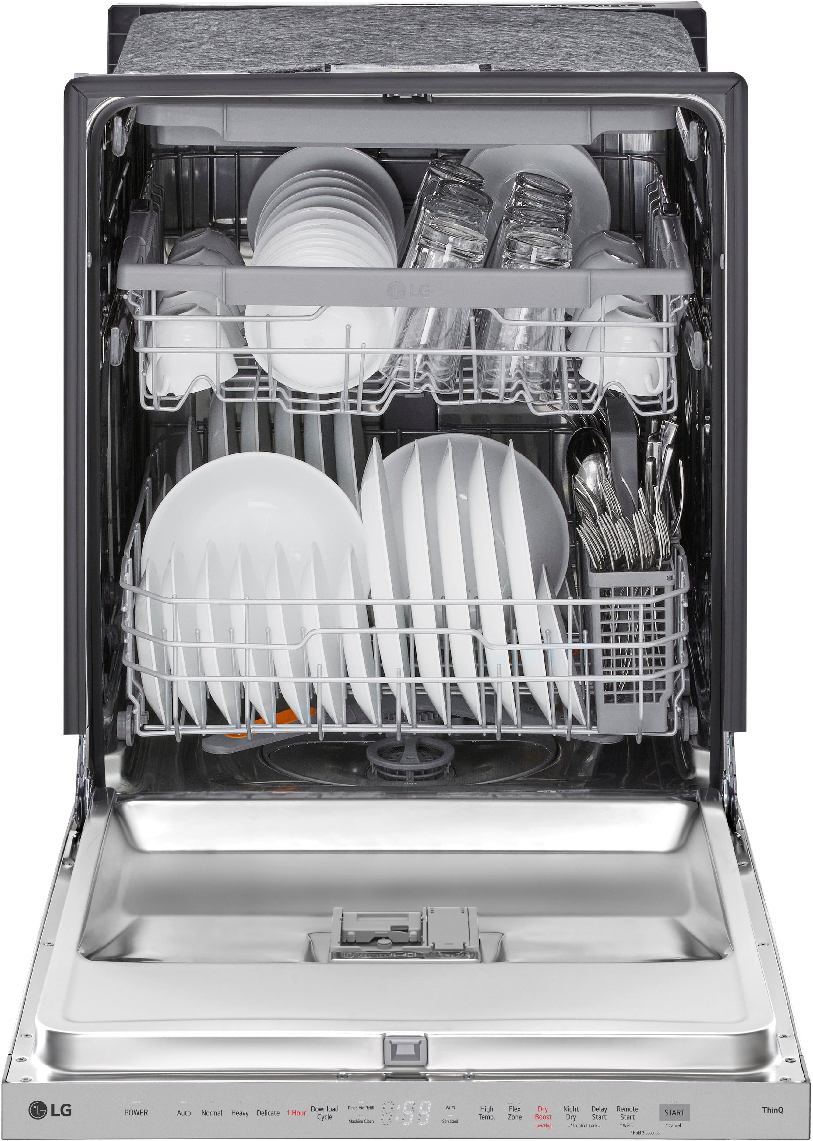 The image features a dishwasher with its door open, revealing a rack full of clean dishes, including plates and silverware. The dishwasher is made by LG, and it is a modern appliance that efficiently cleans and organizes the dishes. The dishwasher is designed to save time and effort in the kitchen, making it a convenient and practical addition to any home.