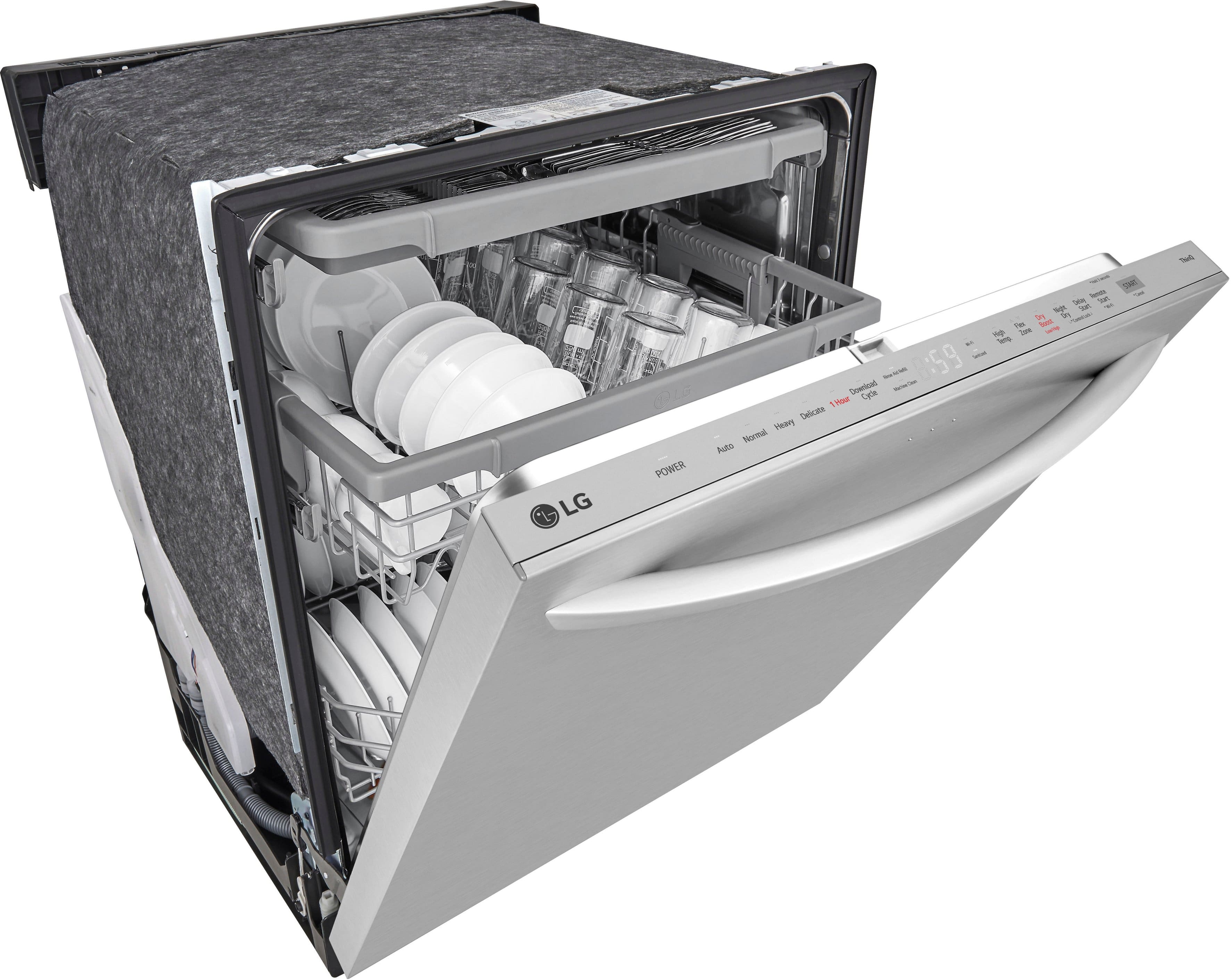 The image features a dishwasher with its door open, revealing a silver interior and a rack full of dishes. The dishwasher is made by LG, and it has a large capacity, capable of holding a significant number of dishes. The dishes are neatly arranged in the dishwasher, indicating that it is ready to be used.