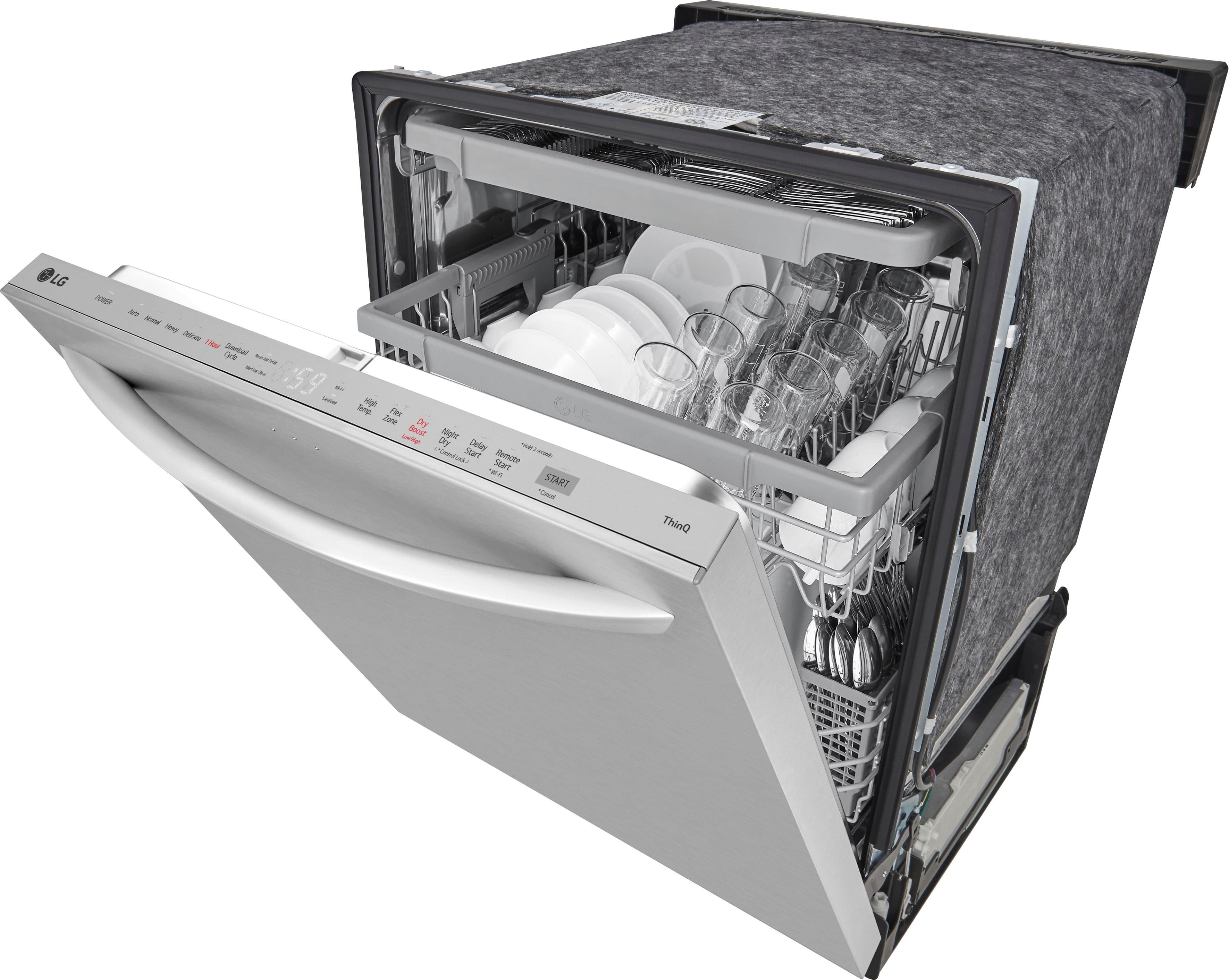 The image features a dishwasher with its door open, revealing a silver interior and a rack of dishes. The dishwasher is filled with various items, including cups, bowls, and utensils such as forks and knives. The dishwasher is made by LG, and it has a silver and black color scheme. The dishwasher is designed to hold a large number of dishes, making it a practical choice for busy households.