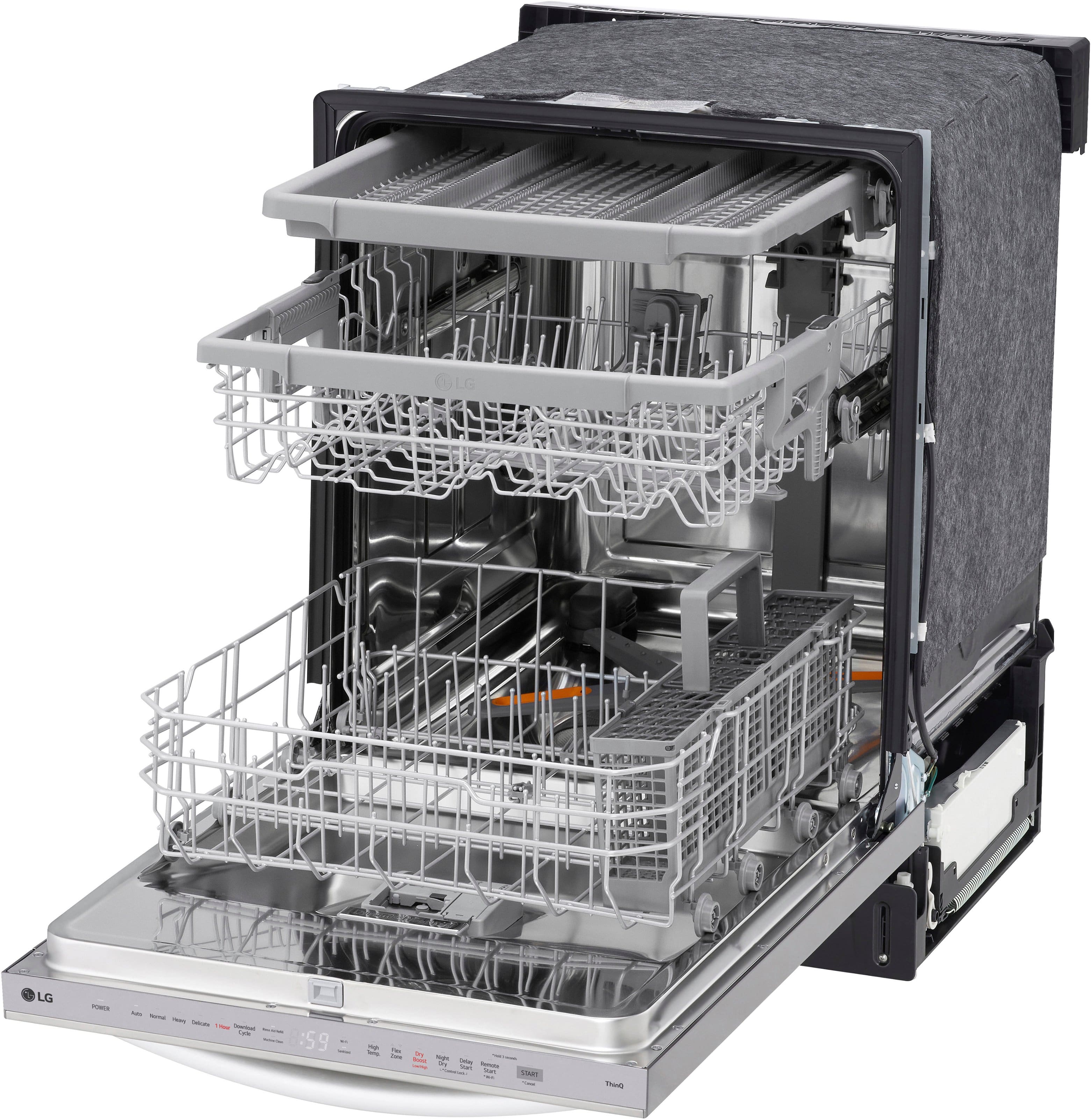 The image features a large dishwasher with a stainless steel door and a silver interior. The dishwasher has a full rack of dishes, including a silver bowl, a cup, and a spoon. The dishwasher is open, revealing the interior and the dishes inside.