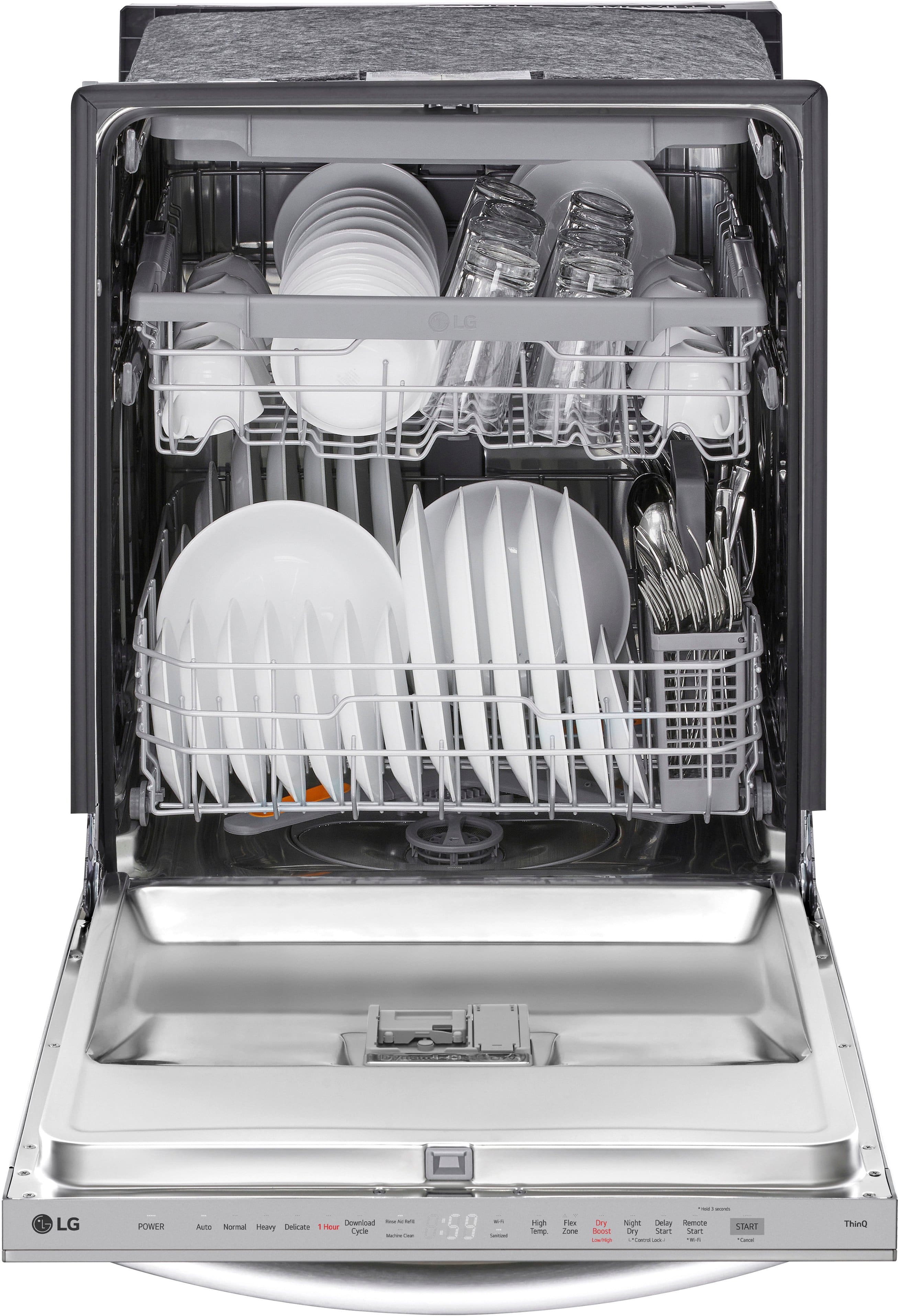 The image features a dishwasher with its door open, revealing a rack of clean dishes, including plates and cups. The dishwasher is a part of an LG appliance, which is known for its efficiency and reliability. The dishes are neatly arranged on the rack, indicating that the dishwasher has done its job well.