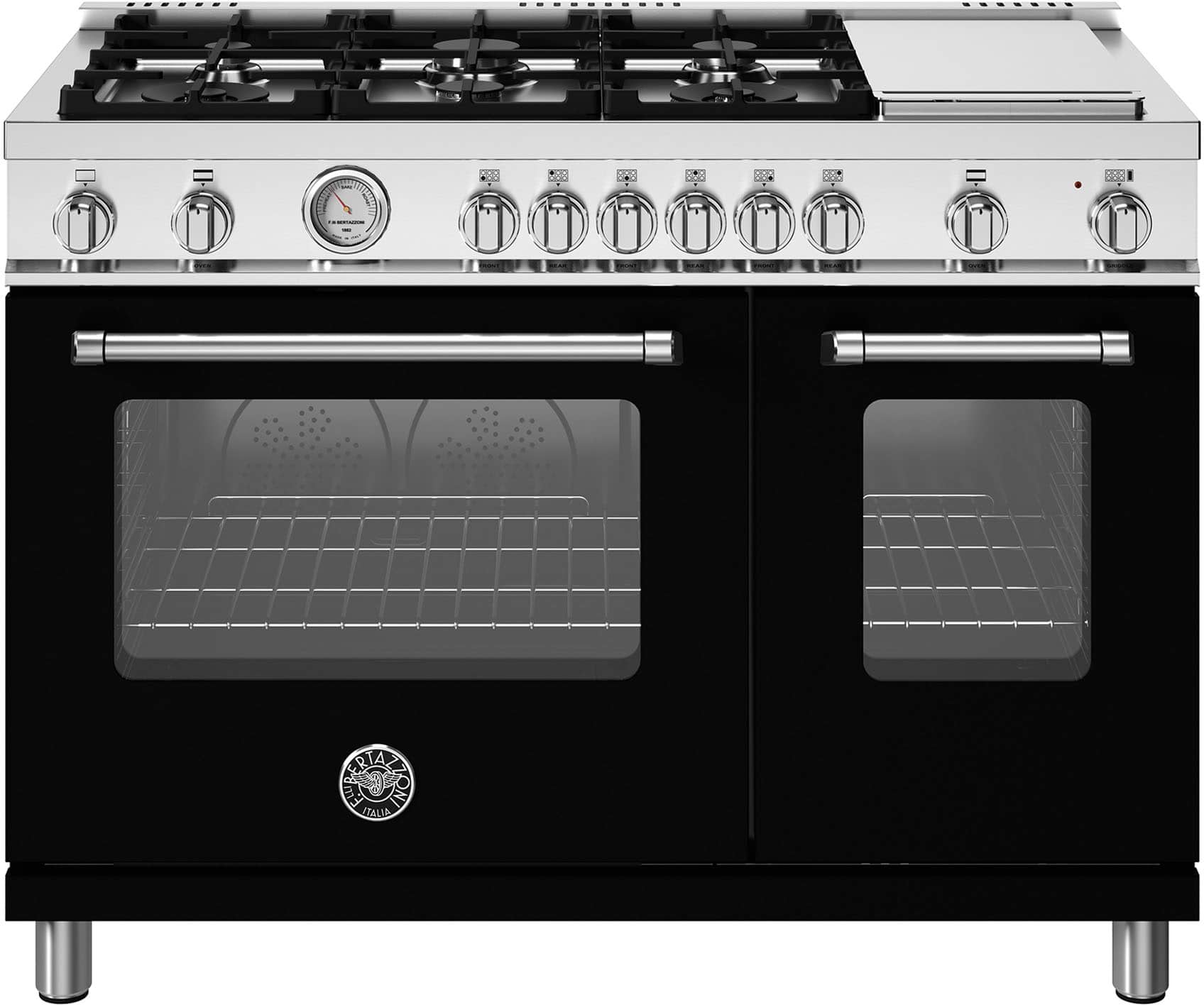 Front. Bertazzoni - 48" Master Series range - Gas Oven - 6 aluminum burners + griddle - Black.