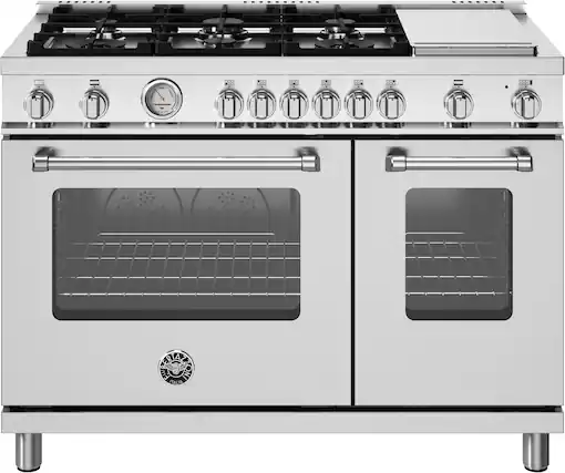 Front. Bertazzoni - 48" Master Series range - Gas Oven - 6 aluminum burners + griddle - Stainless Steel.