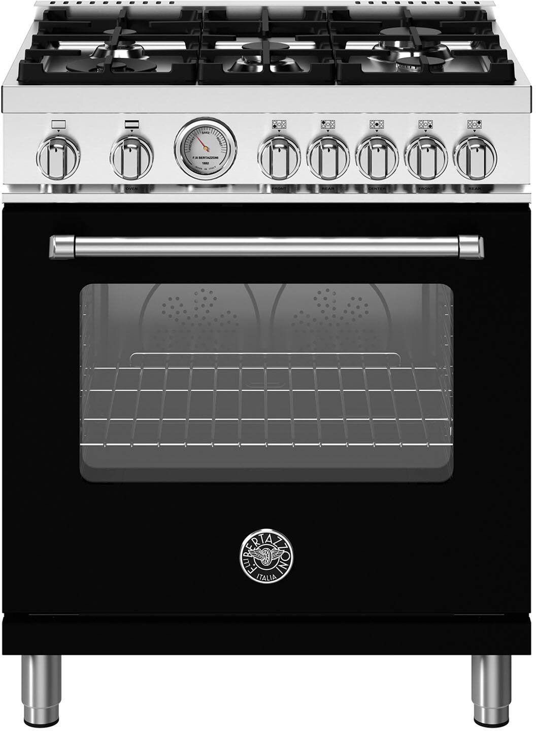 Front. Bertazzoni - 30" Master Series range - Gas oven - 5 aluminum burners - Black.