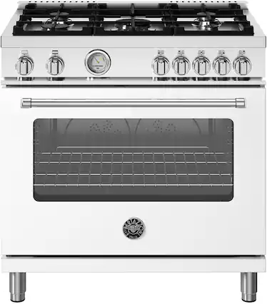 Front. Bertazzoni - 36" Master Series range - Gas oven - 5 aluminum burners - White.