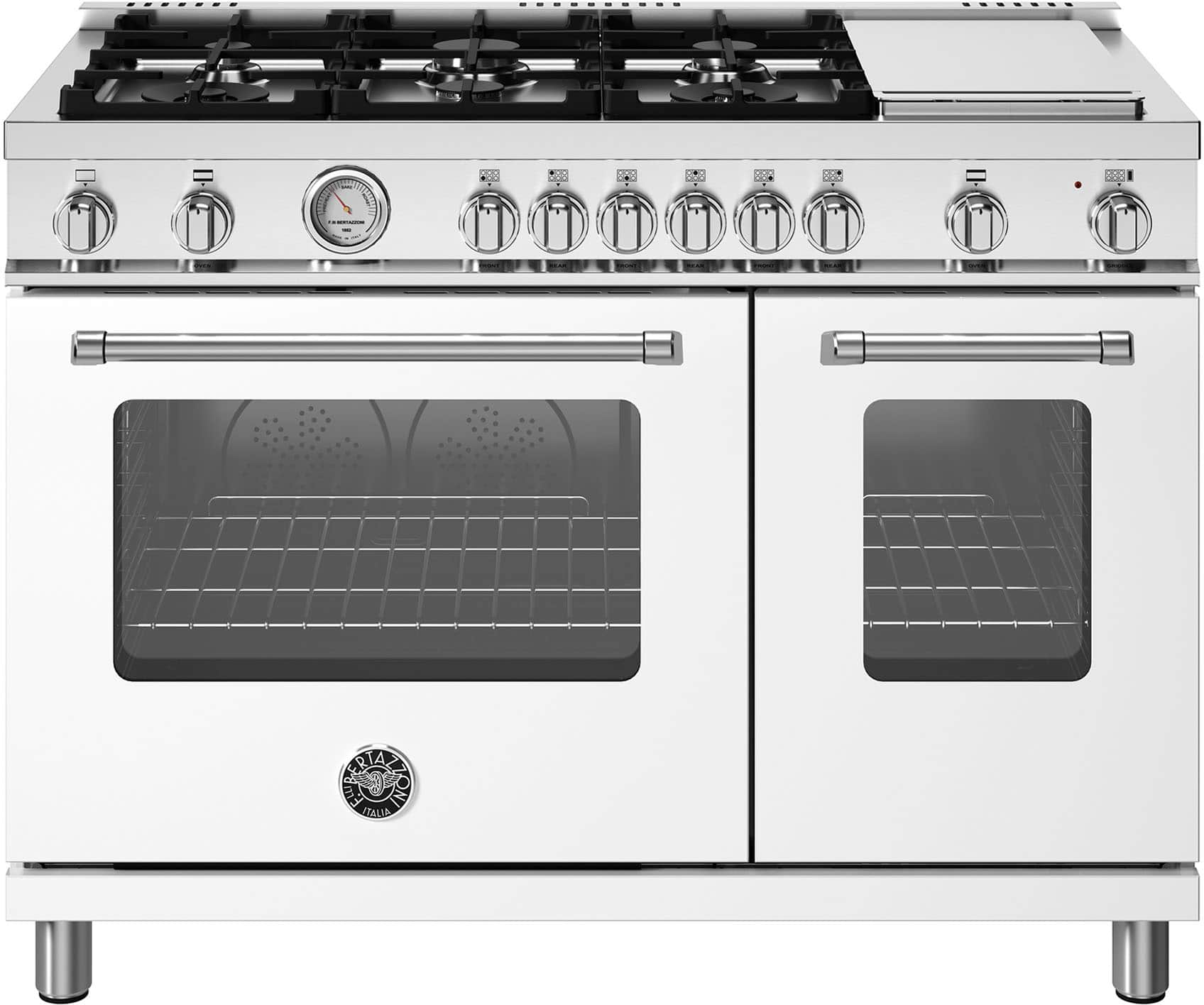 Front. Bertazzoni - 48" Master Series range - Gas Oven - 6 aluminum burners + griddle - White.