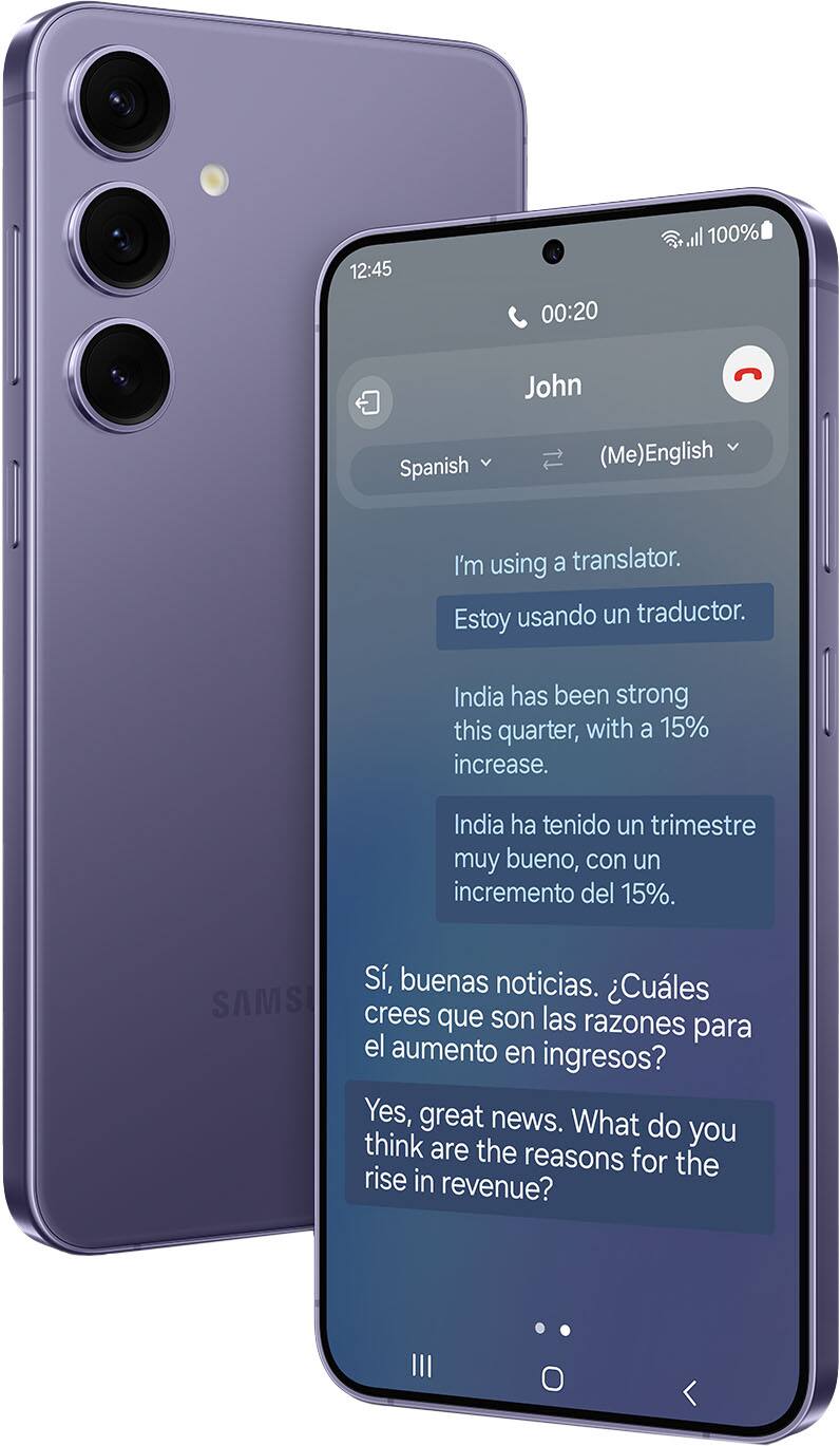 The text on the image is in Spanish, so I'll provide the corrected text in Spanish.
12:45 00:20 al 100% John Spanish (Me)English I'm using a translator. Estoy usando un traductor. India has been strong this quarter, with a 15% increase. India ha tenido un trimestre muy bueno, con un incremento del 15%. ¿Cuáles crees son las razones para el aumento en ingresos? Yes, great news. ¿Qué piensas son las razones para el aumento en ingresos?