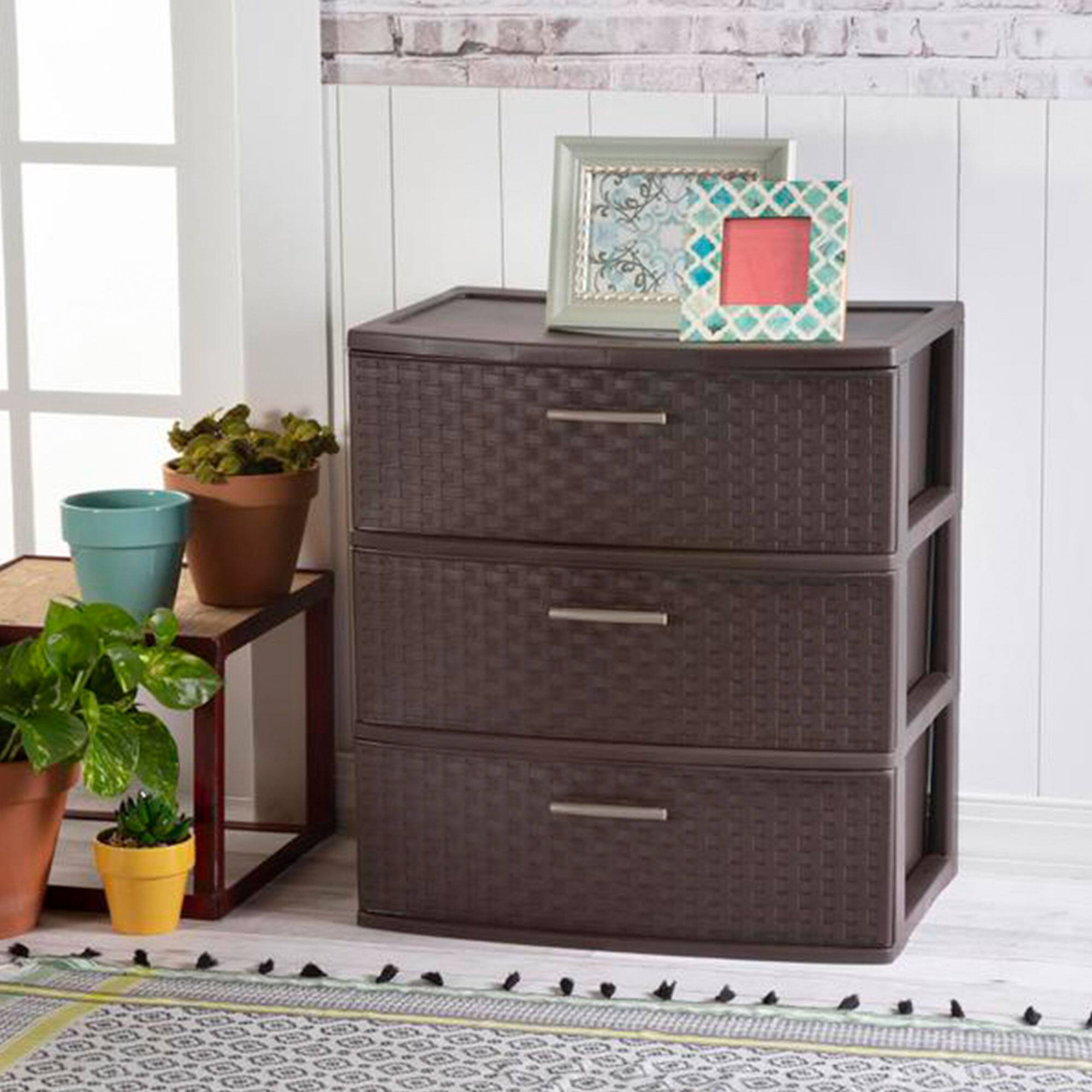Alt View 2. Sterilite - Sterilite 3 Drawer Wide Weave Storage Tower, Plastic Organizer Drawers, Brown.