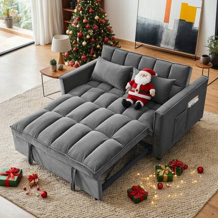 Front. Resenkos - 54 Inch Adjustable Backrest Sofa, Sofa Bed, Futon Sofa with Double Armrest and Pouch for Living Room - Medium grey.