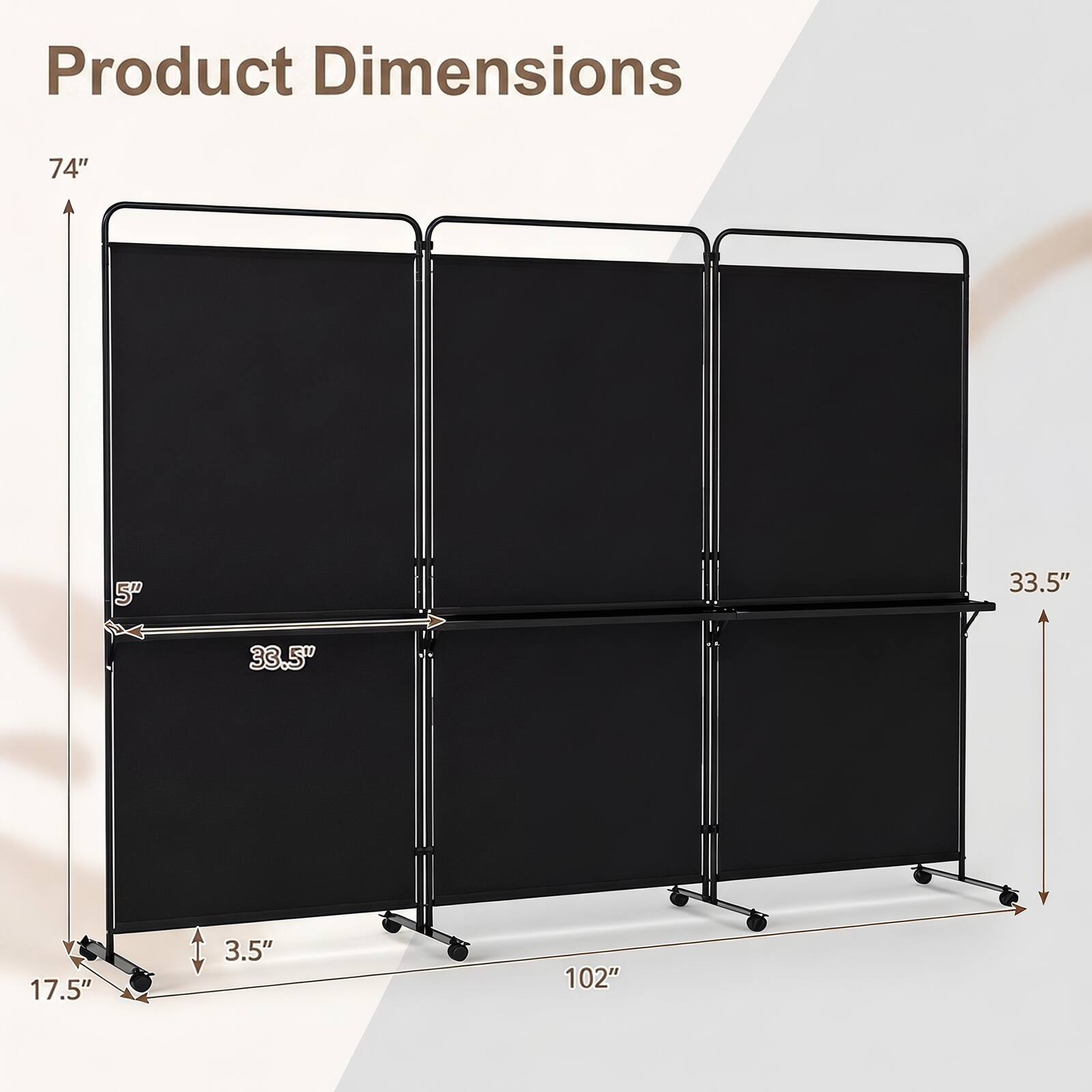 Product Dimensions

74"  
5"  
33.5"  
33.5"  
17.5"  
3.5"  
102"
