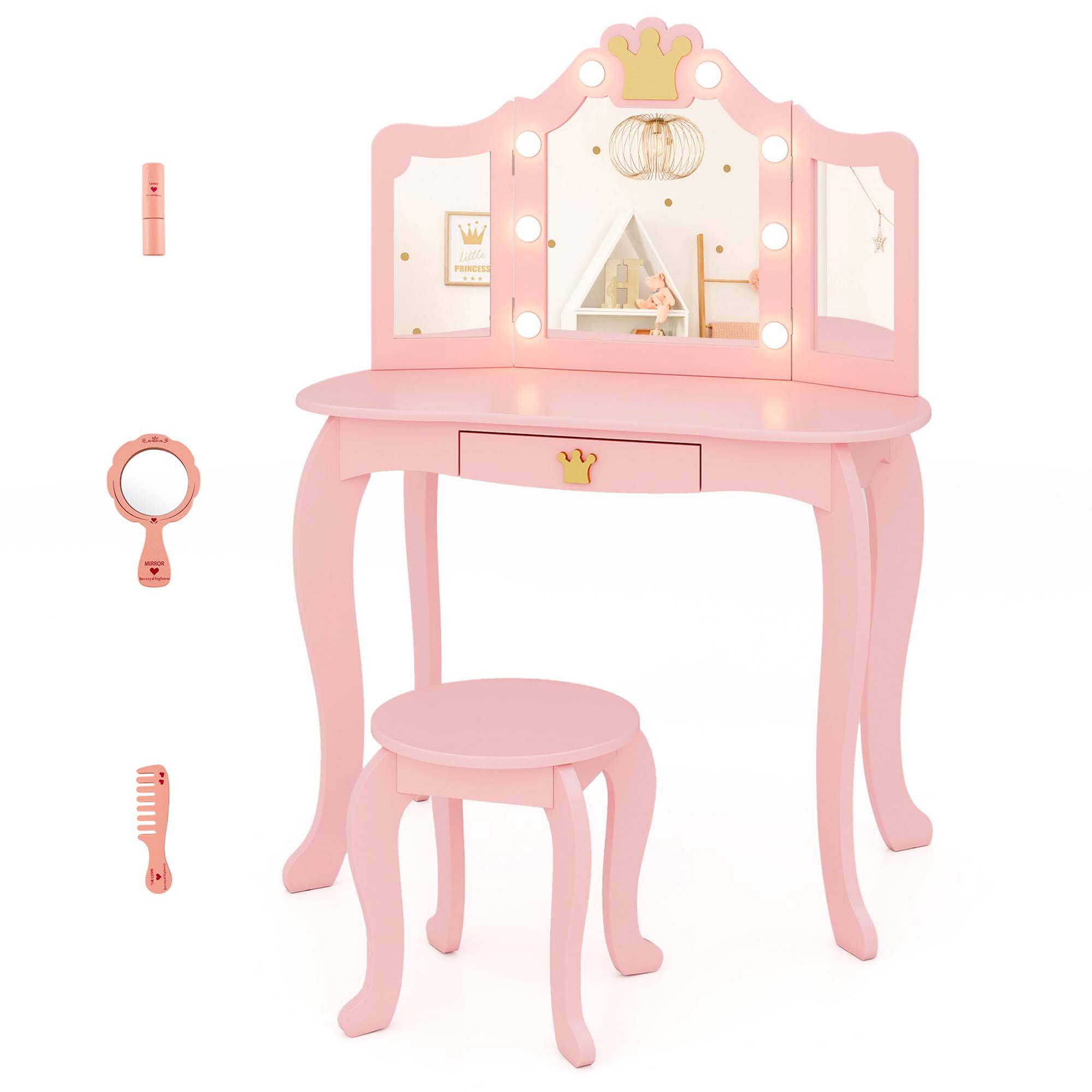 Costway - Kids Vanity Set Princess Vanity Table & Chair Set with Lighted Mirror - Pink