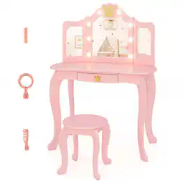 Costway - Kids Vanity Set Princess Vanity Table & Chair Set with Lighted Mirror - Pink