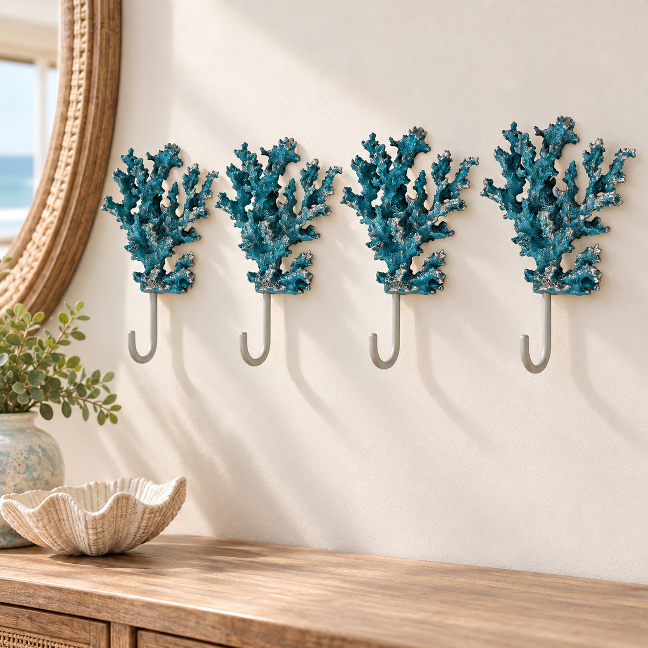 Alt View 3. Fancy That - Set of 4 Decorative Coral Wall Hooks Blue Silver Resin Metal 7.5 in Key Holders - Blue.