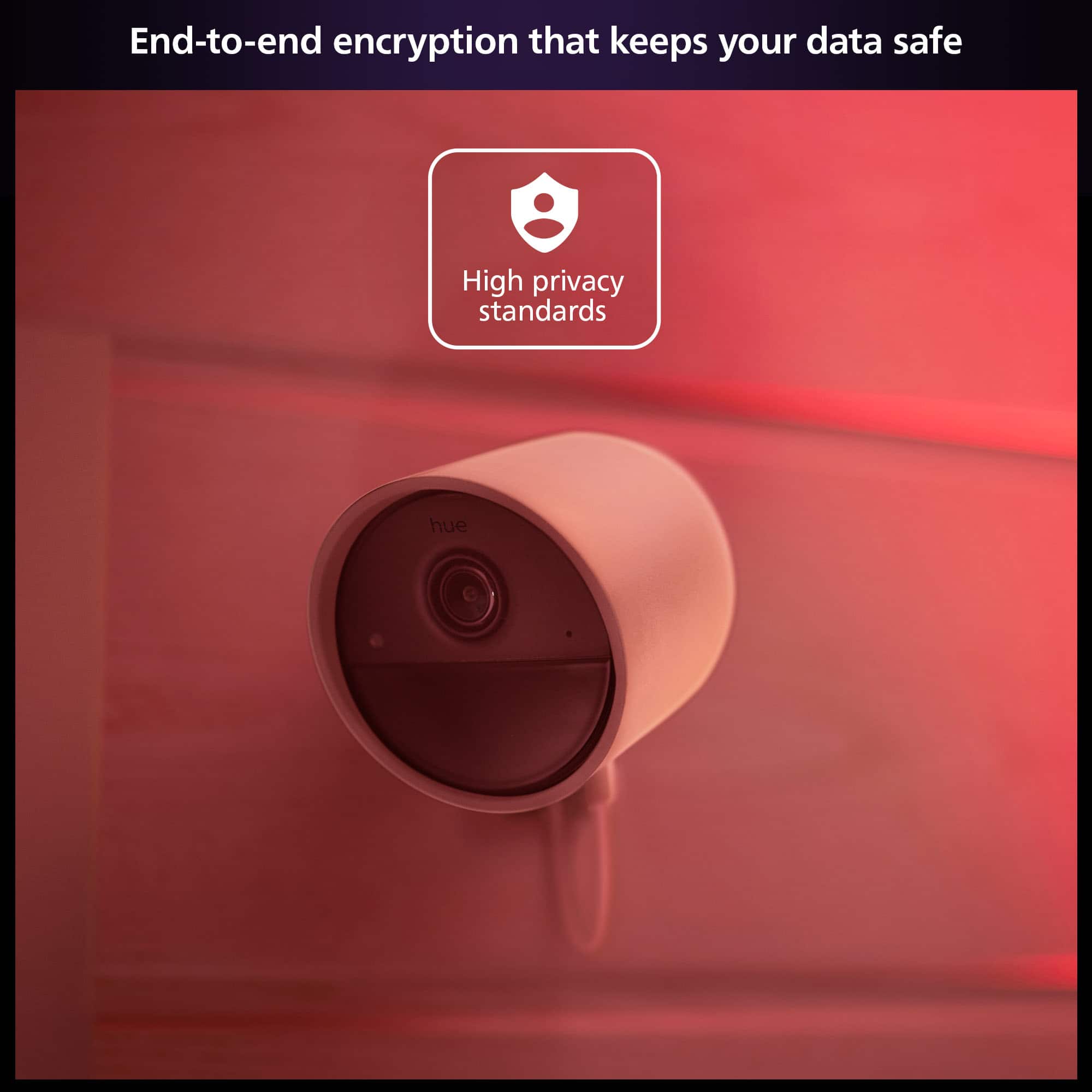 The text on the image reads: "End-to-end encryption that keeps your data safe High privacy standards hue." The corrected text should be: "End-to-end encryption that keeps your data safe. High privacy standards hue."