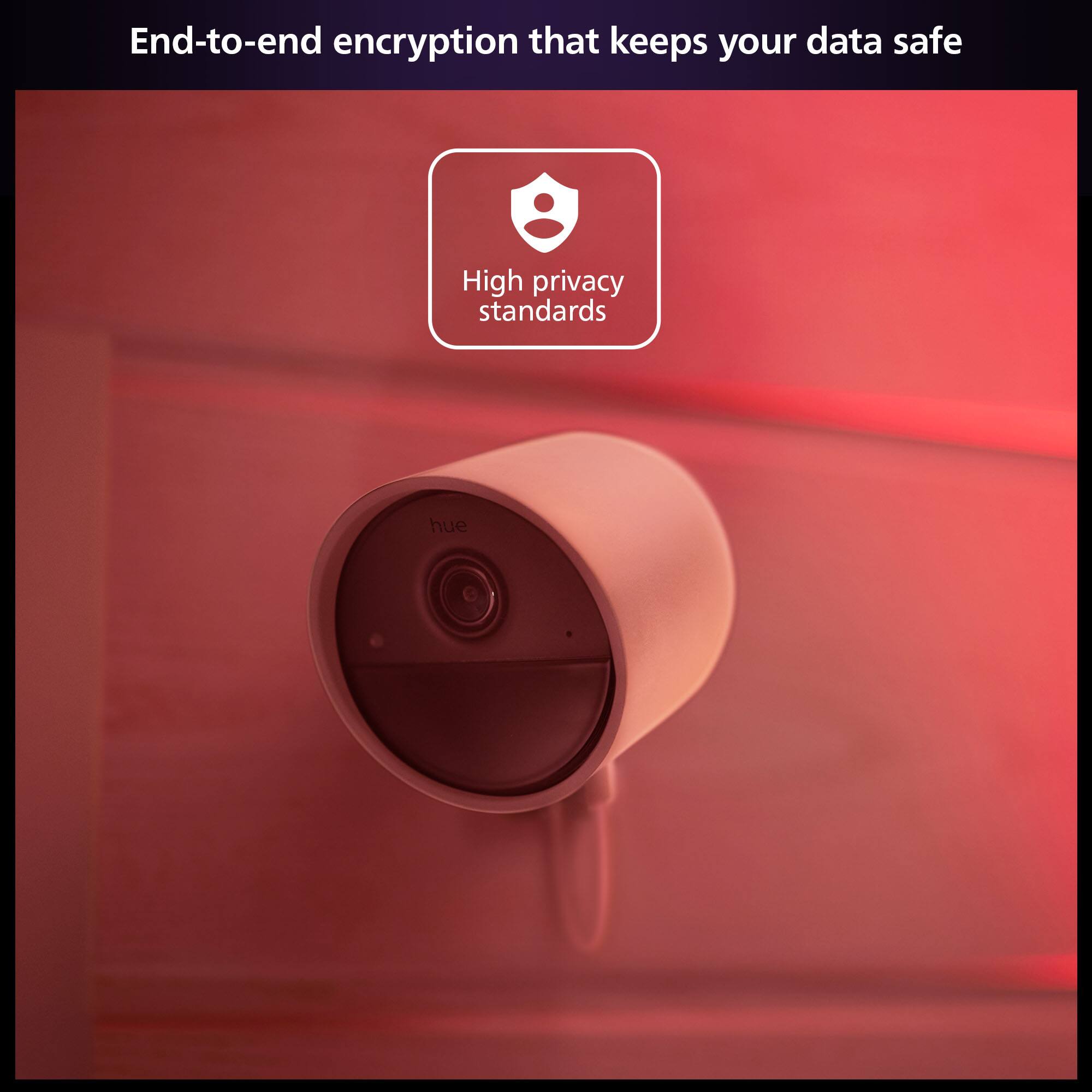 The text on the image reads: "End-to-end encryption that keeps your data safe High privacy standards hue." The corrected text should be: "End-to-end encryption that keeps your data safe. High privacy standards hue."