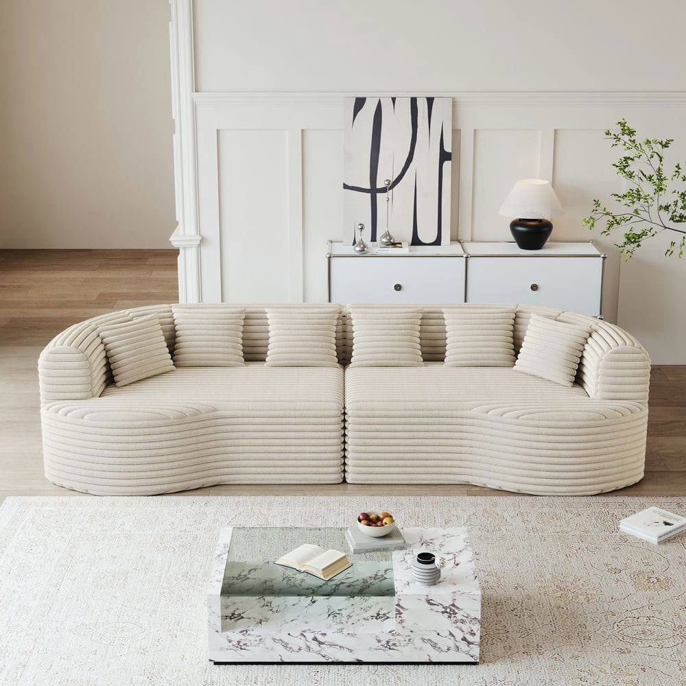Alt View 4. Kadyn - 106.3" Curved Sectional Sofa, 4-Seater Corduroy Cloud Couch with 6 Pillows and Memory Foam - Beige.