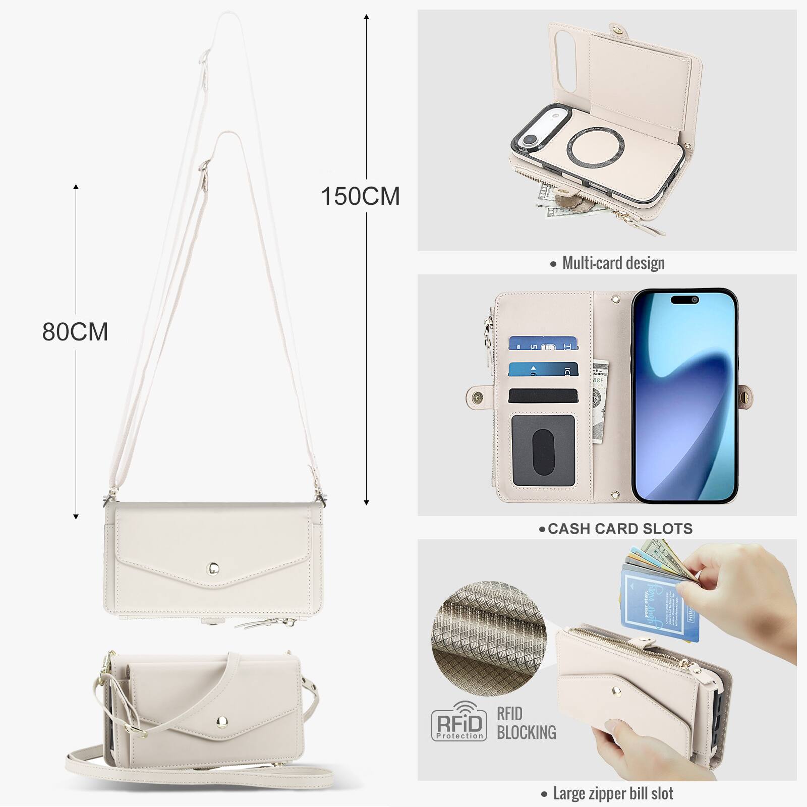 150CM Multi-card design  
80CM  
CASH CARD SLOTS  
RFID BLOCKING  
Large zipper bill slot