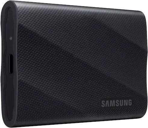 Front. Samsung - Geek Squad Certified Refurbished T9 Portable SSD 1TB, Up to 2,000MB/s , USB 3.2 Gen2 - Black.