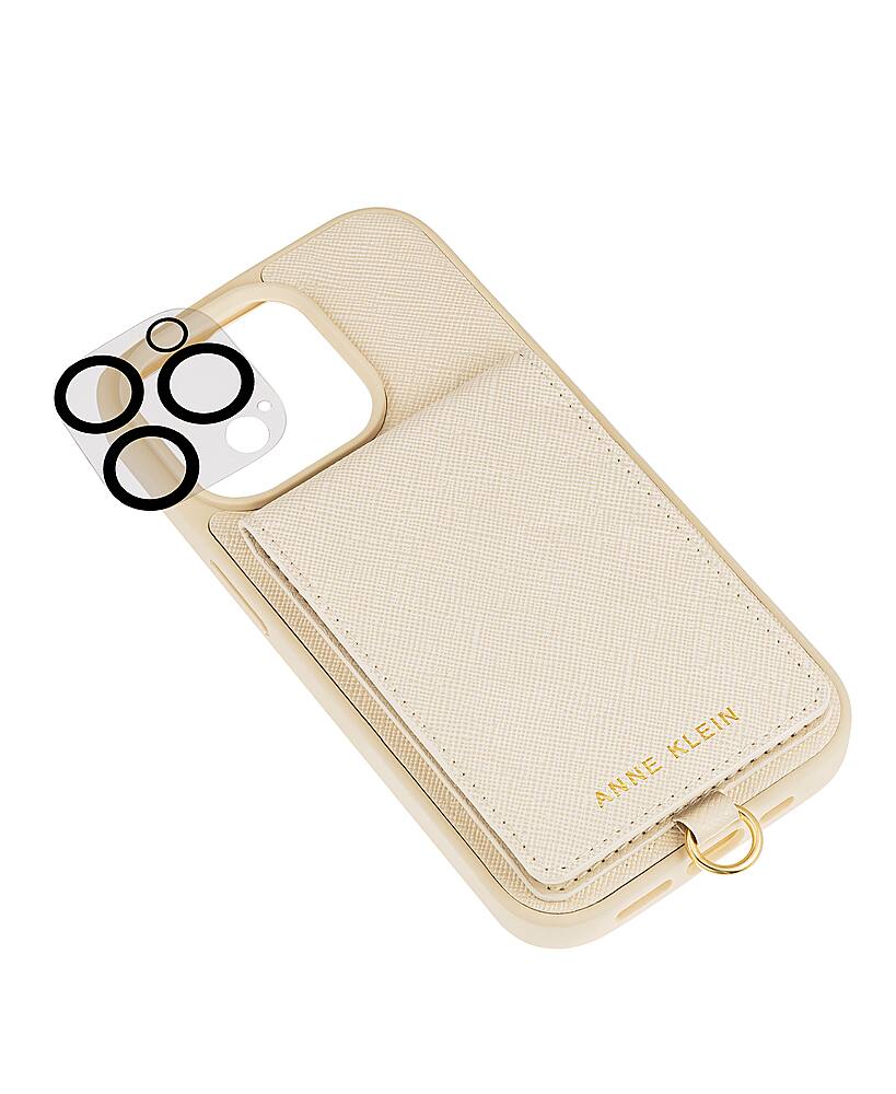 Angle. Anne Klein - Saffiano Vegan Leather Case for Apple iPhone 14 Pro Max - Ivory/Gold.
