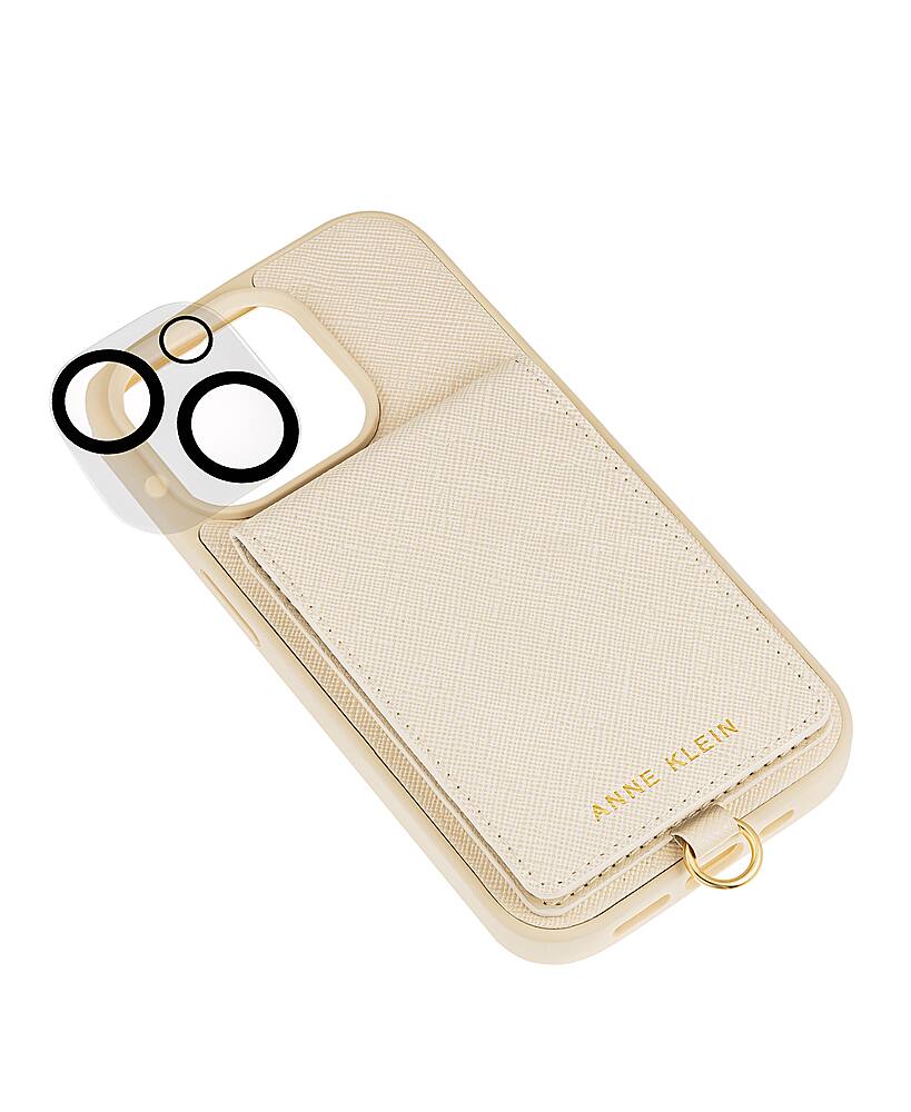 Angle. Anne Klein - Saffiano Vegan Leather Case for Apple iPhone 14/13 - Ivory/Gold.