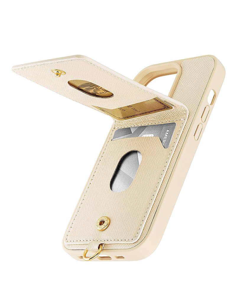 Left. Anne Klein - Saffiano Vegan Leather Case for Apple iPhone 14/13 - Ivory/Gold.