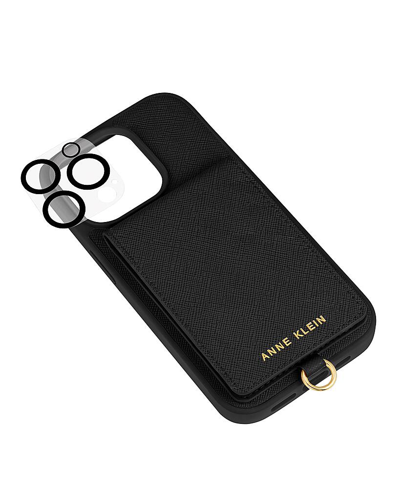 Angle. Anne Klein - Saffiano Vegan Leather Case for Apple iPhone 14 Pro Max - Black/Gold.