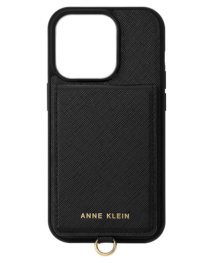 Anne Klein - Saffiano Vegan Leather Case Apple iPhone 14 Pro Max with Kick Stand Wallet, Card Slots, Camera Protector, Attached Ring - Black/Gold