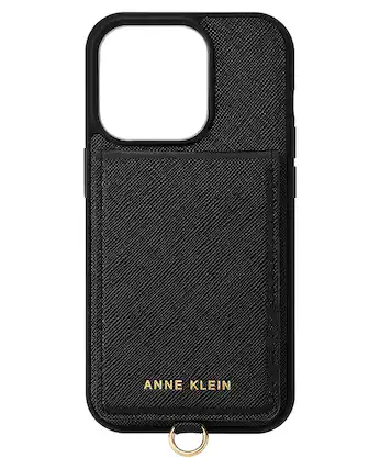 Front. Anne Klein - Saffiano Vegan Leather Case for Apple iPhone 14 Pro - Black/Gold.