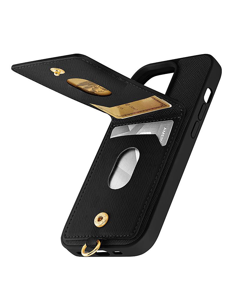 Left. Anne Klein - Saffiano Vegan Leather Case for Apple iPhone 14 Pro - Black/Gold.