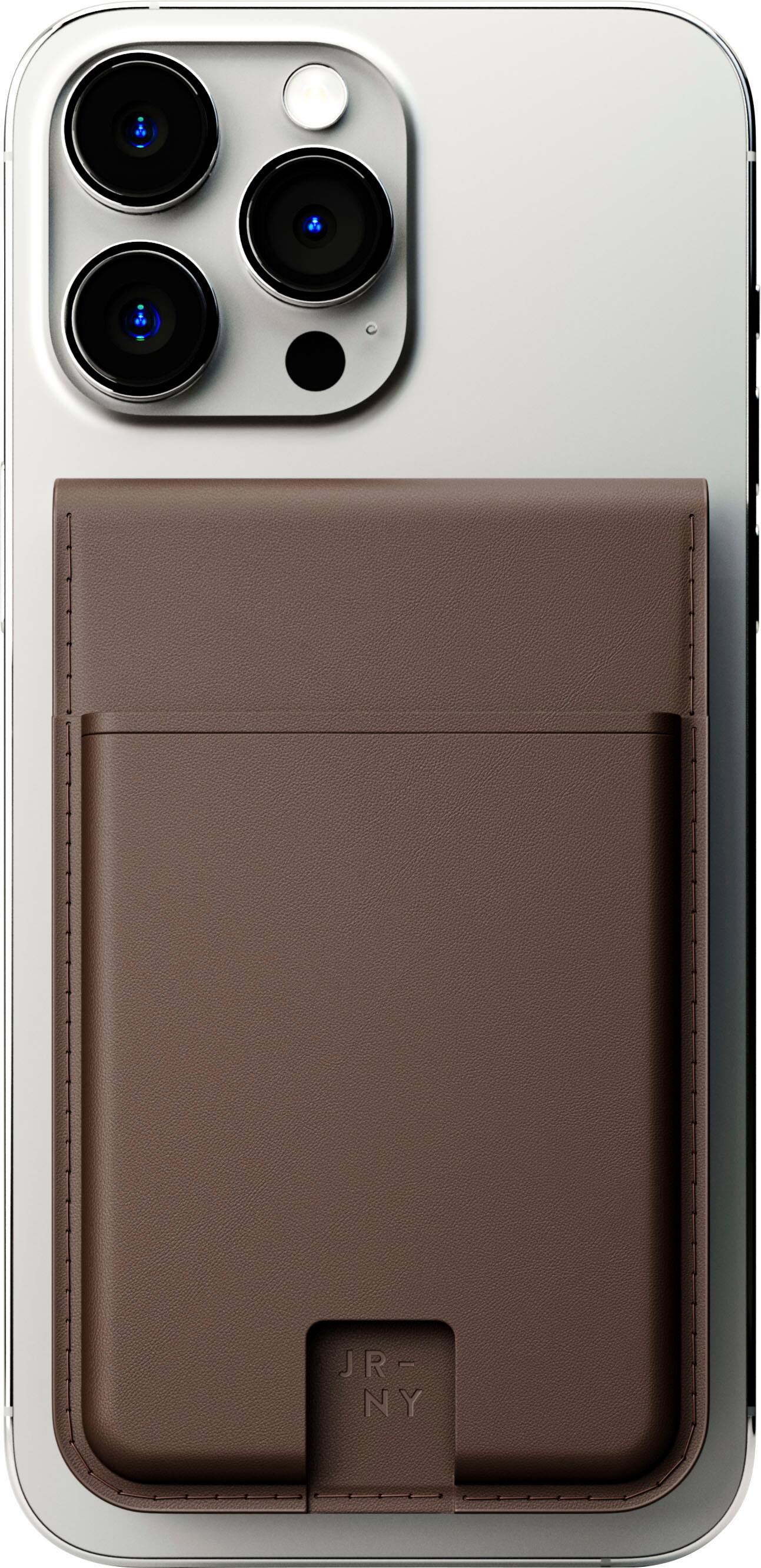 Angle. JOURNEY - EZMO MagSafe Wallet & Phone Stand - Dark Brown.