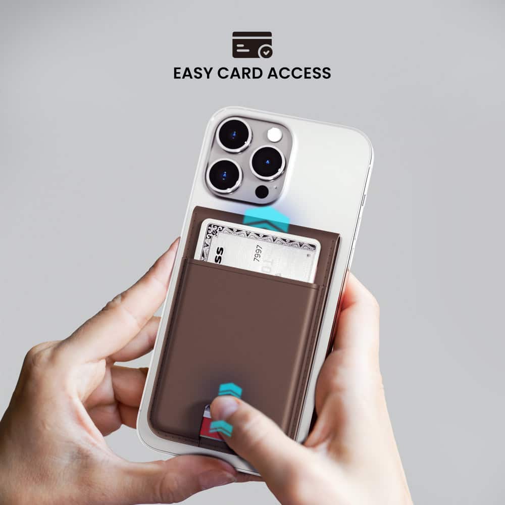 The image features a person holding a wallet case for their cell phone, which has a card slot on the back. The wallet case is designed to provide easy access to the cards, making it a convenient and practical solution for carrying essential items.