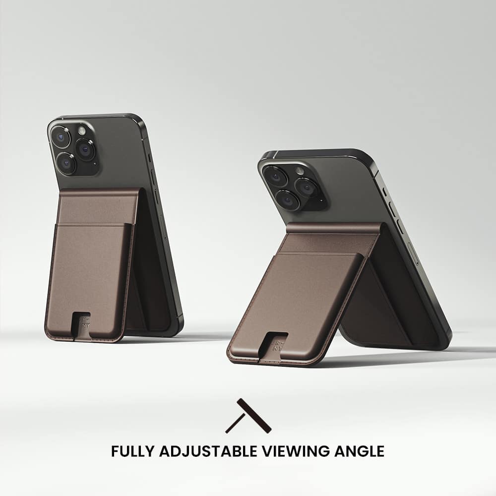 The image showcases a cell phone case with a unique feature - a fully adjustable viewing angle. This allows the user to change the angle of the phone screen to their preference, providing a comfortable viewing experience. The case is designed to hold the phone securely and is available in brown and black colors.