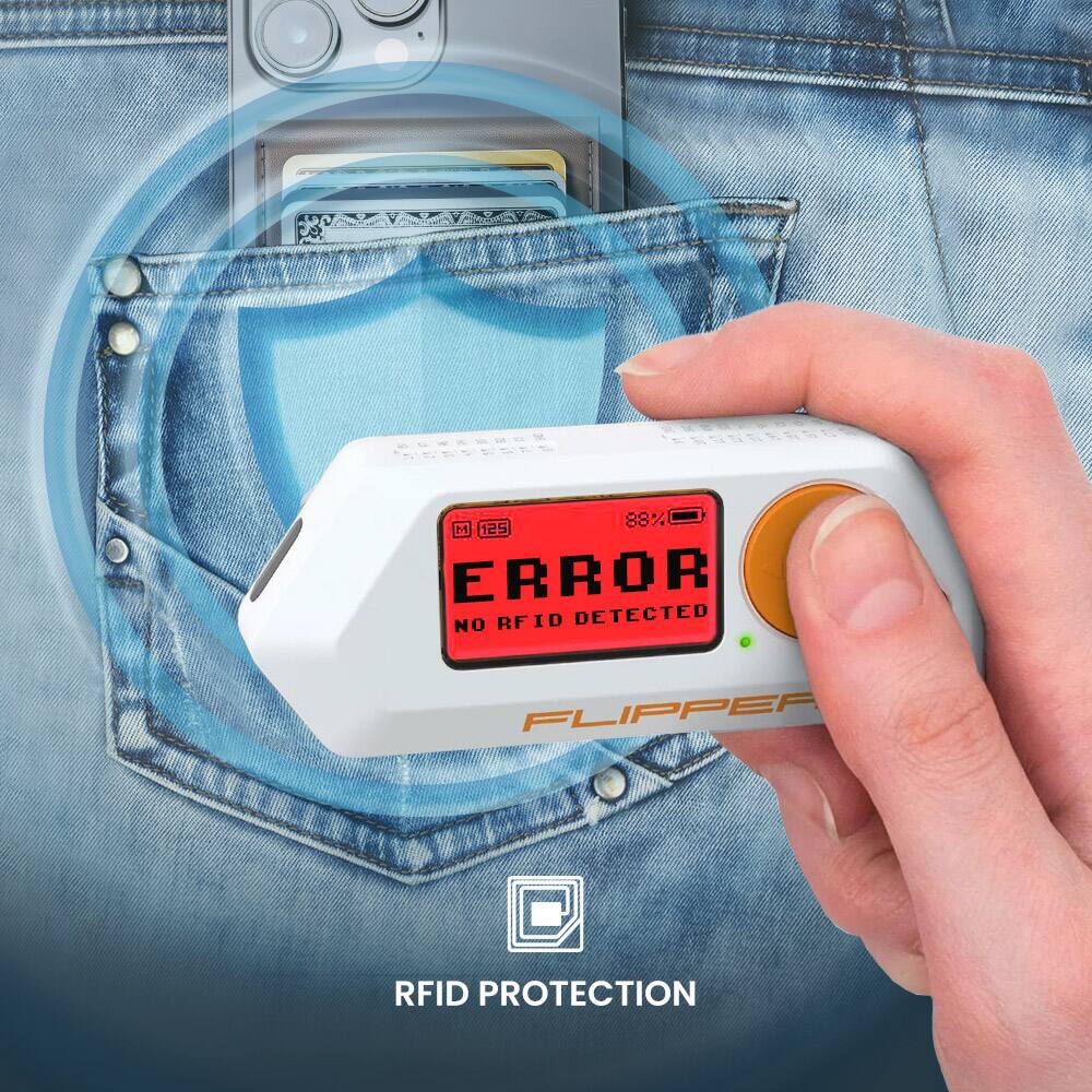 The image shows a person holding a small device, likely an RFID protector, in front of a pair of jeans. The device is designed to protect against RFID theft, which can occur when someone uses a scanner to steal personal information from RFID-enabled items like wallets or credit cards. The person is pressing a button on the device, which is likely activating the RFID protection feature. The image is promoting the use of such devices to safeguard against RFID theft and ensure the security of personal belongings.