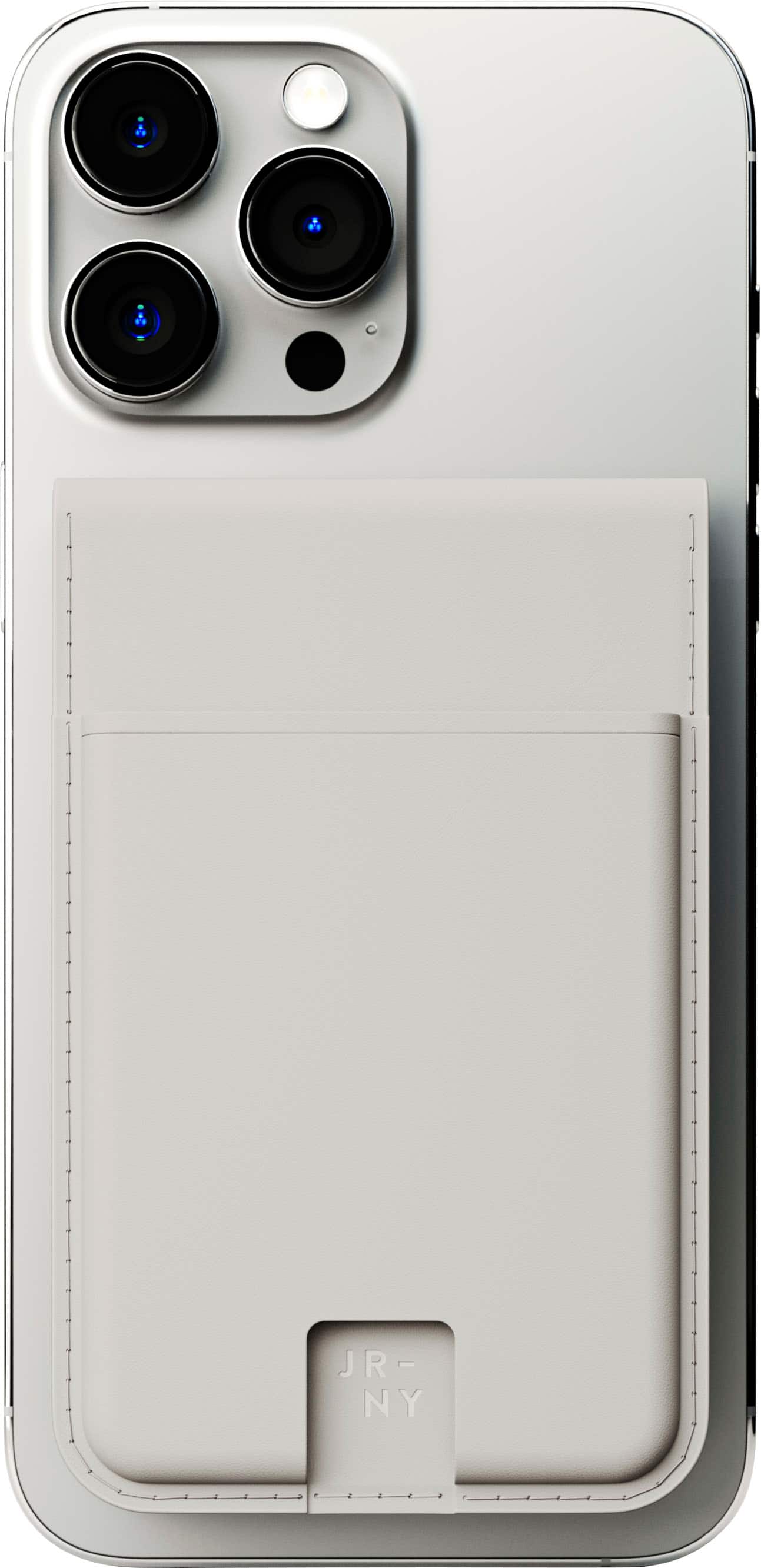 Angle. JOURNEY - EZMO MagSafe Wallet & Phone Stand - Light Gray.