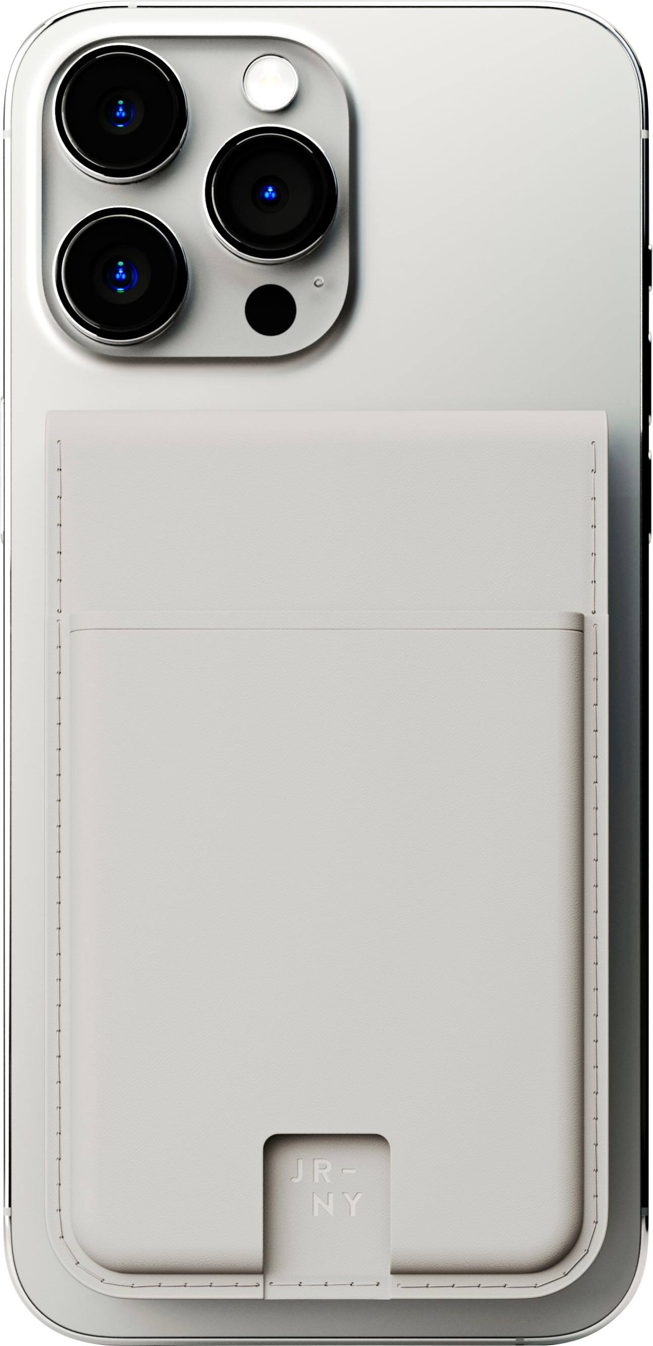 Angle. JOURNEY - EZMO MagSafe Wallet & Phone Stand - Light Gray.