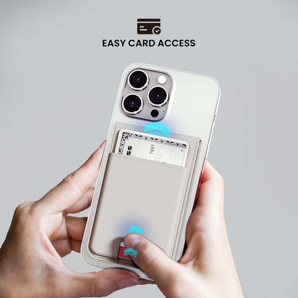 The image features a person holding a wallet case for a cell phone, which is designed to make it easy to access the cards. The wallet case is white and has a blue button. The person is holding the wallet case in their hand, showcasing its functionality and convenience.