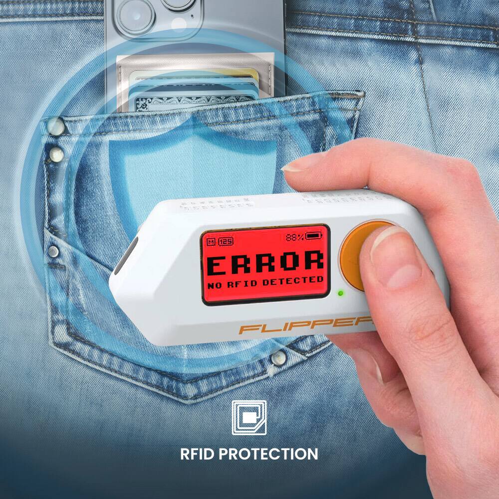 The image shows a person holding a small device, likely an RFID protector, in front of a pair of blue jeans. The device is designed to protect against RFID theft and is being used to scan the jeans pocket. The person's hand is pressing a button on the device, which is displaying an error message, indicating that no RFID is detected. The image emphasizes the importance of using RFID protection devices to safeguard personal belongings from potential theft or unauthorized access.